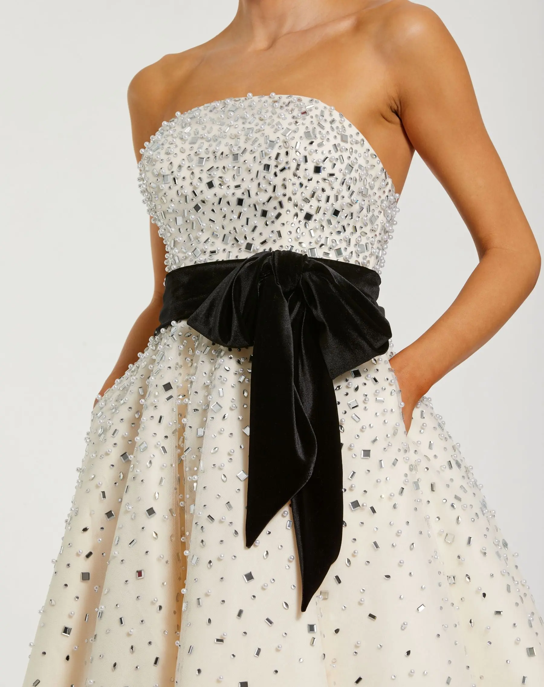 White Embellished Strapless Midi Dress with Velvet Bow - Image 2