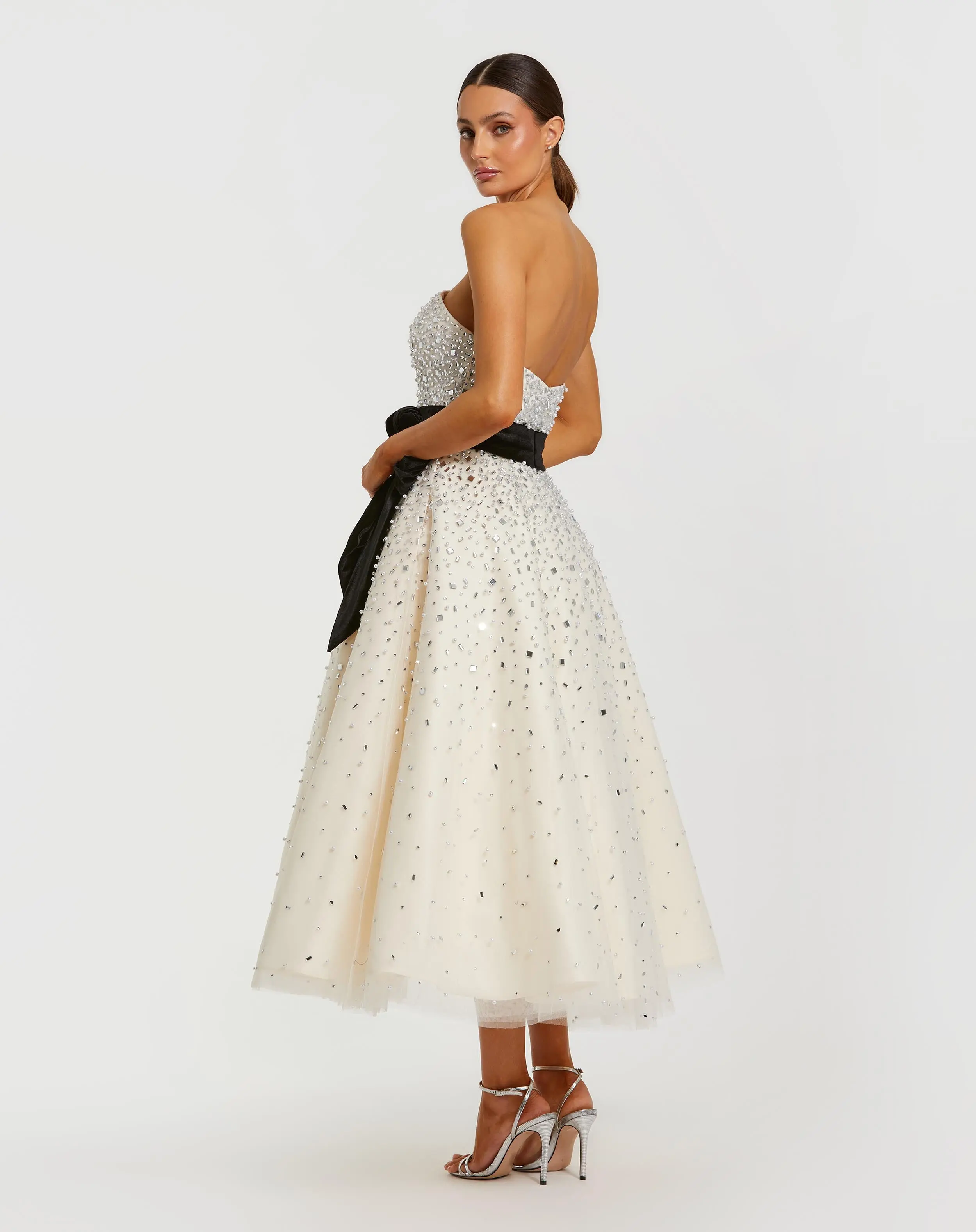 White Embellished Strapless Midi Dress with Velvet Bow - Image 3