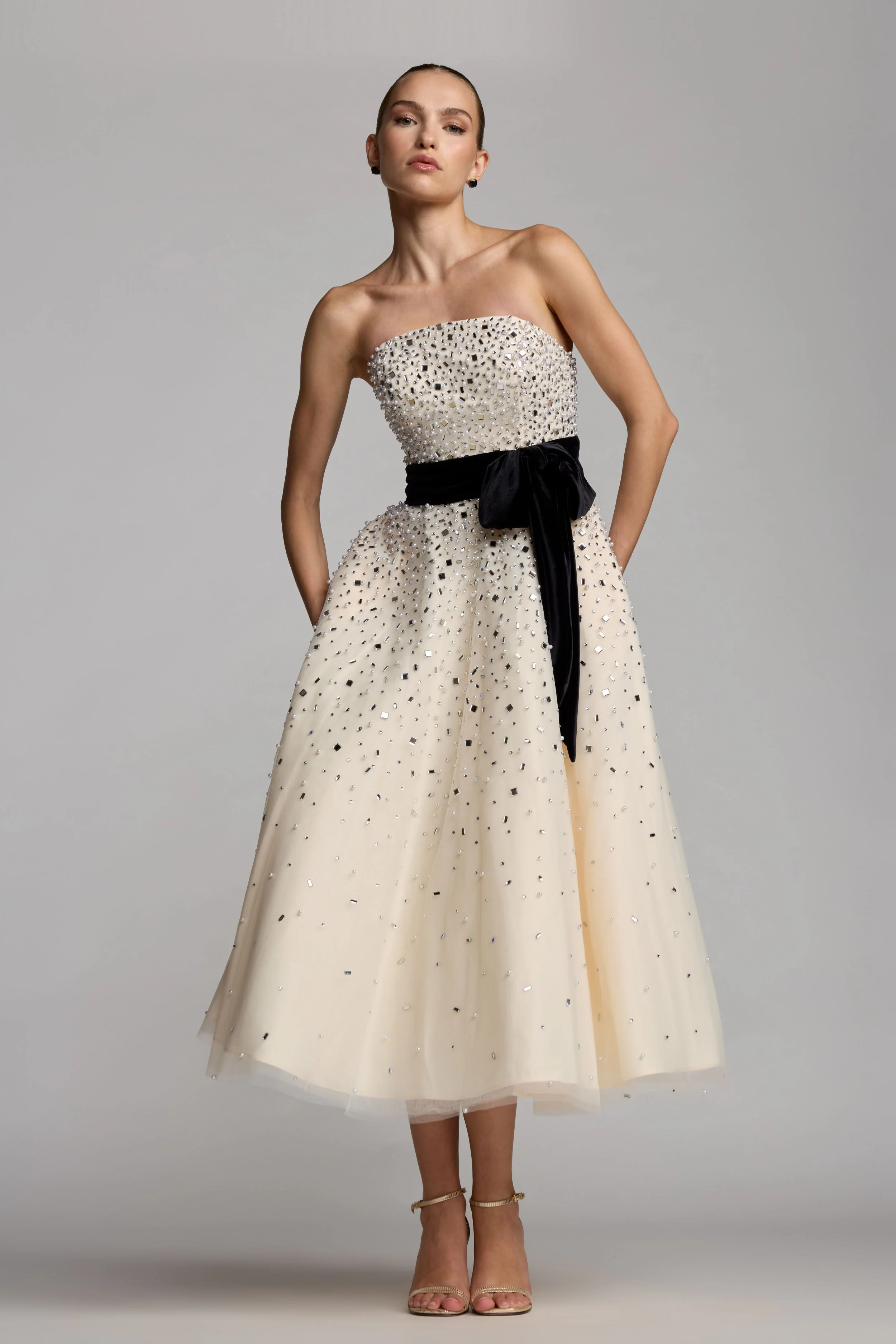 White Embellished Strapless Midi Dress with Velvet Bow - Image 5