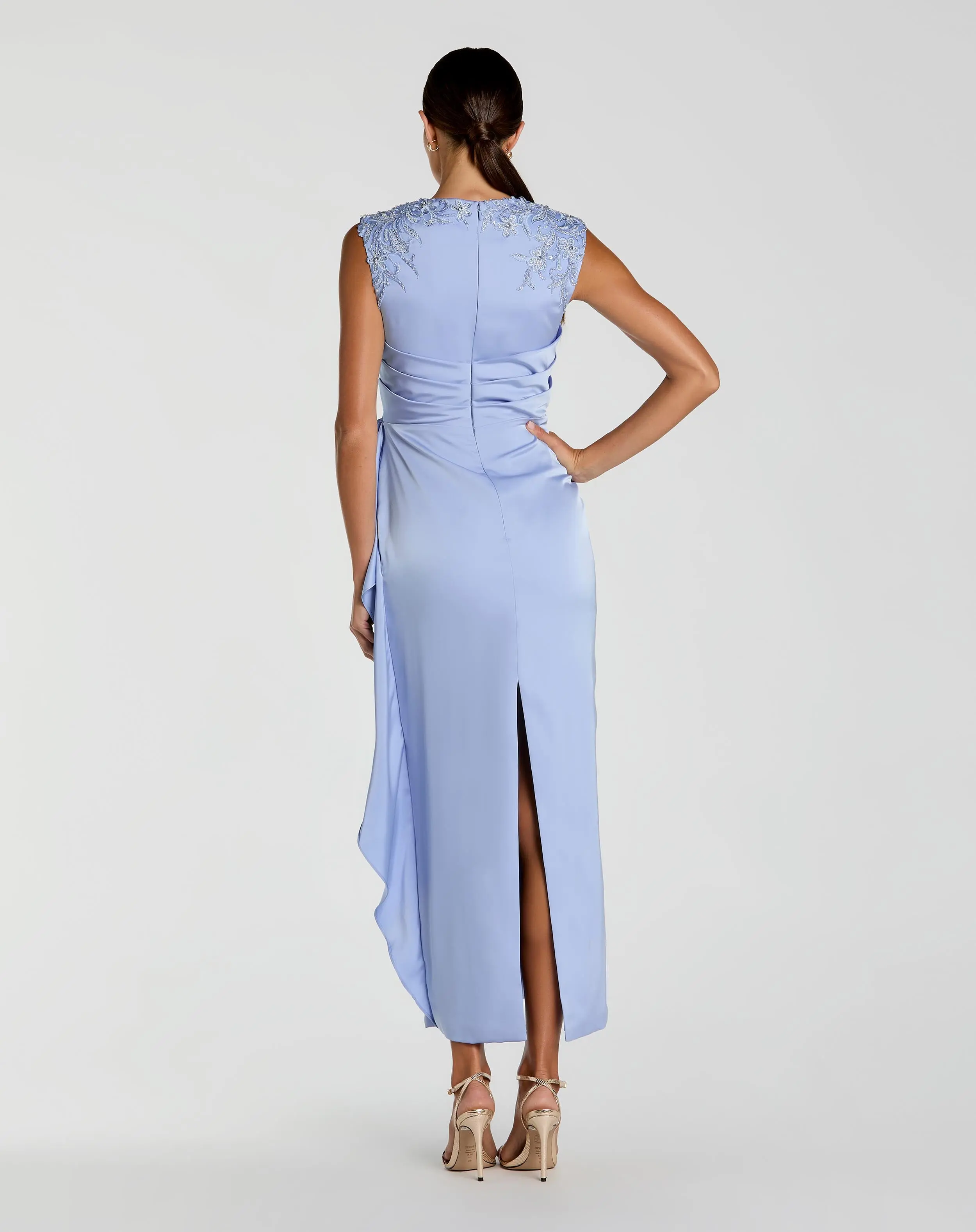 Blue Satin Beaded Embroidered Midi Dress With Bow - Image 3