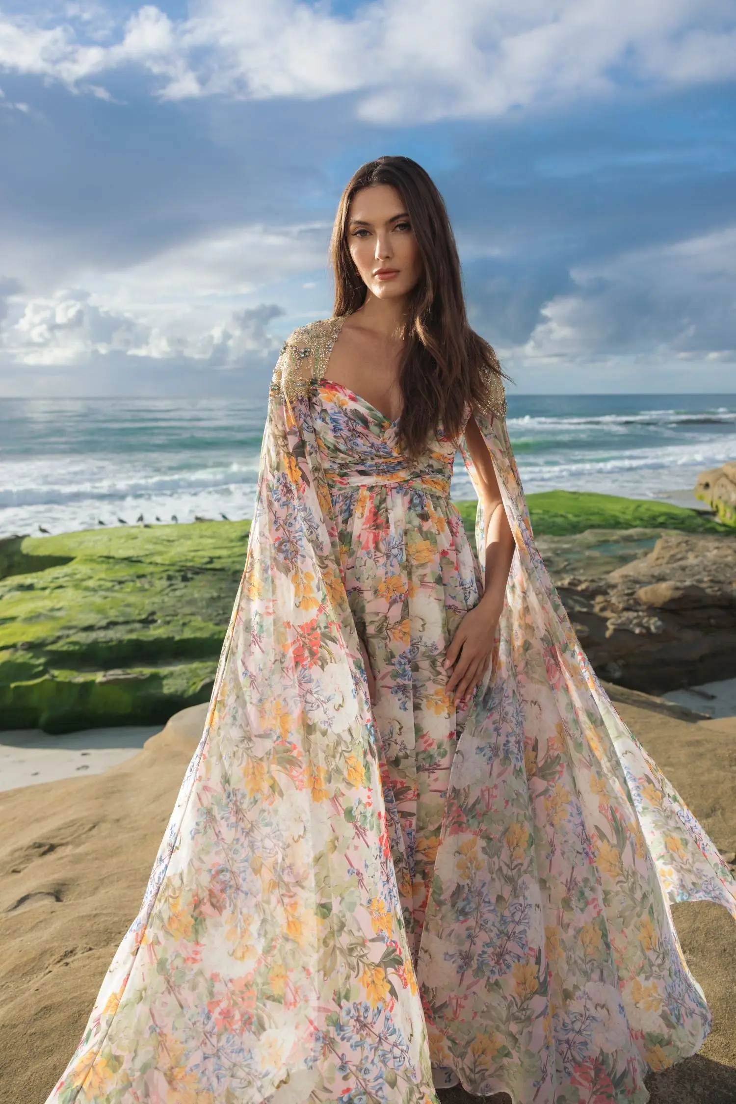 Multicolor Floral Gown With Beaded Cape Sleeves - Image 4