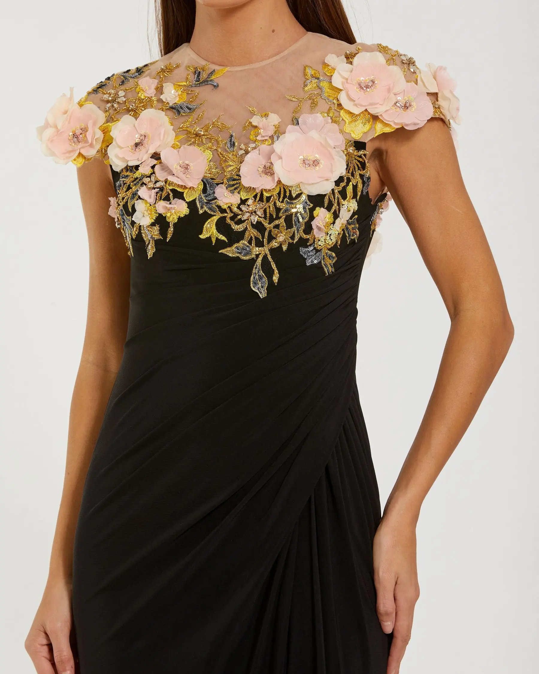 Black Jersey Column Gown With 3D Flower Embellishments - Image 2