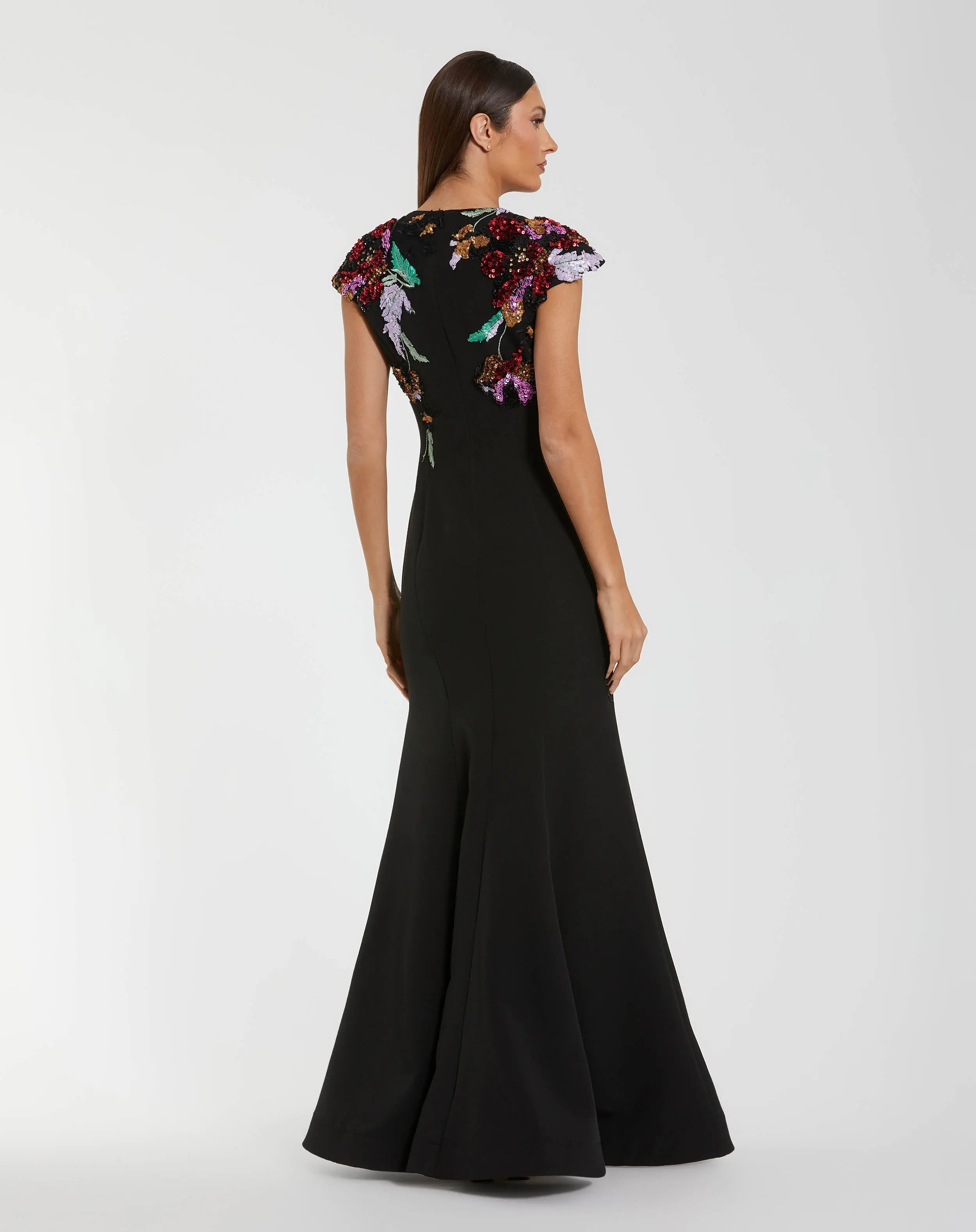 Black Floral Sequin Embellished Trumpet Gown - Image 3