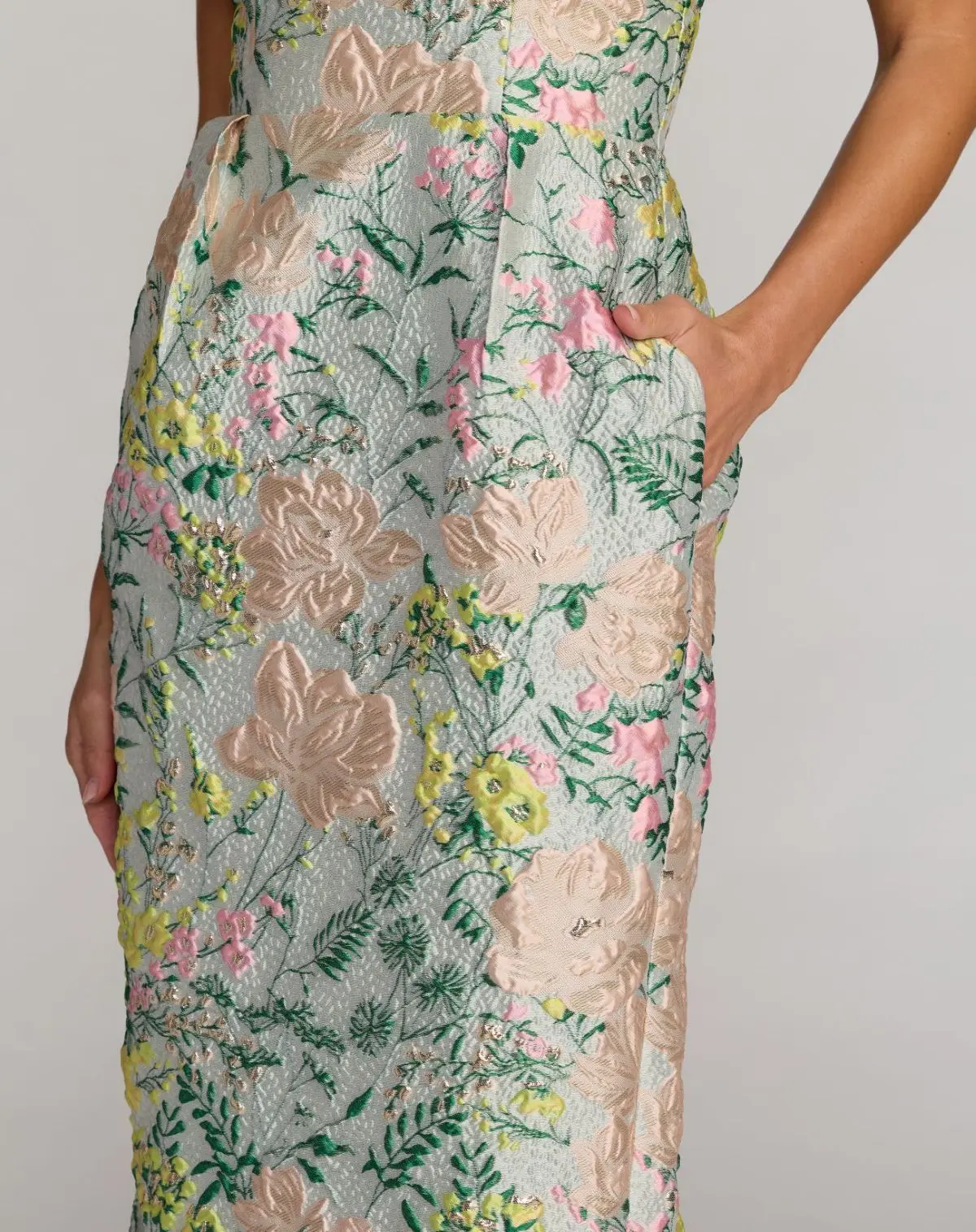 Multicolor Strapless Brocade Midi Dress With Pockets - Image 3