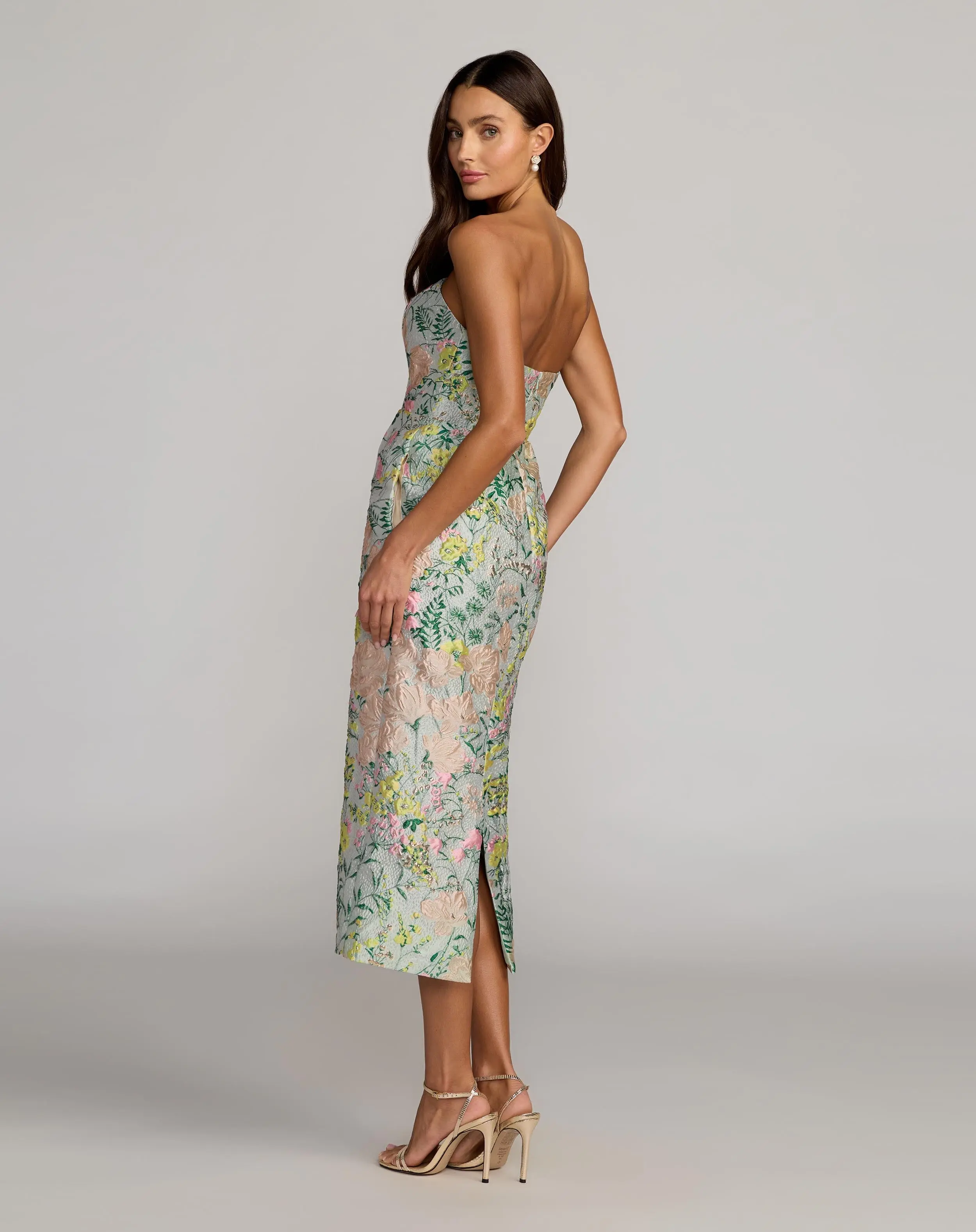 Multicolor Strapless Brocade Midi Dress With Pockets - Image 4