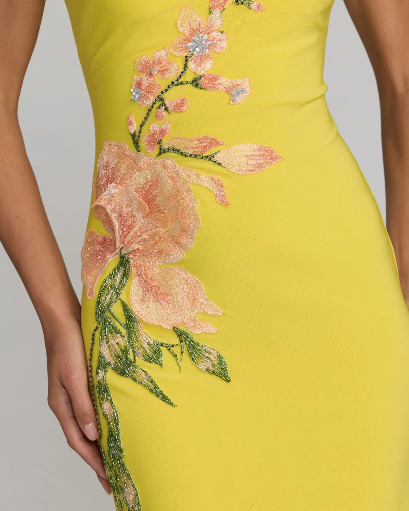 Yellow Floral Appliqué V-Neck Jersey Gown - Image 2
