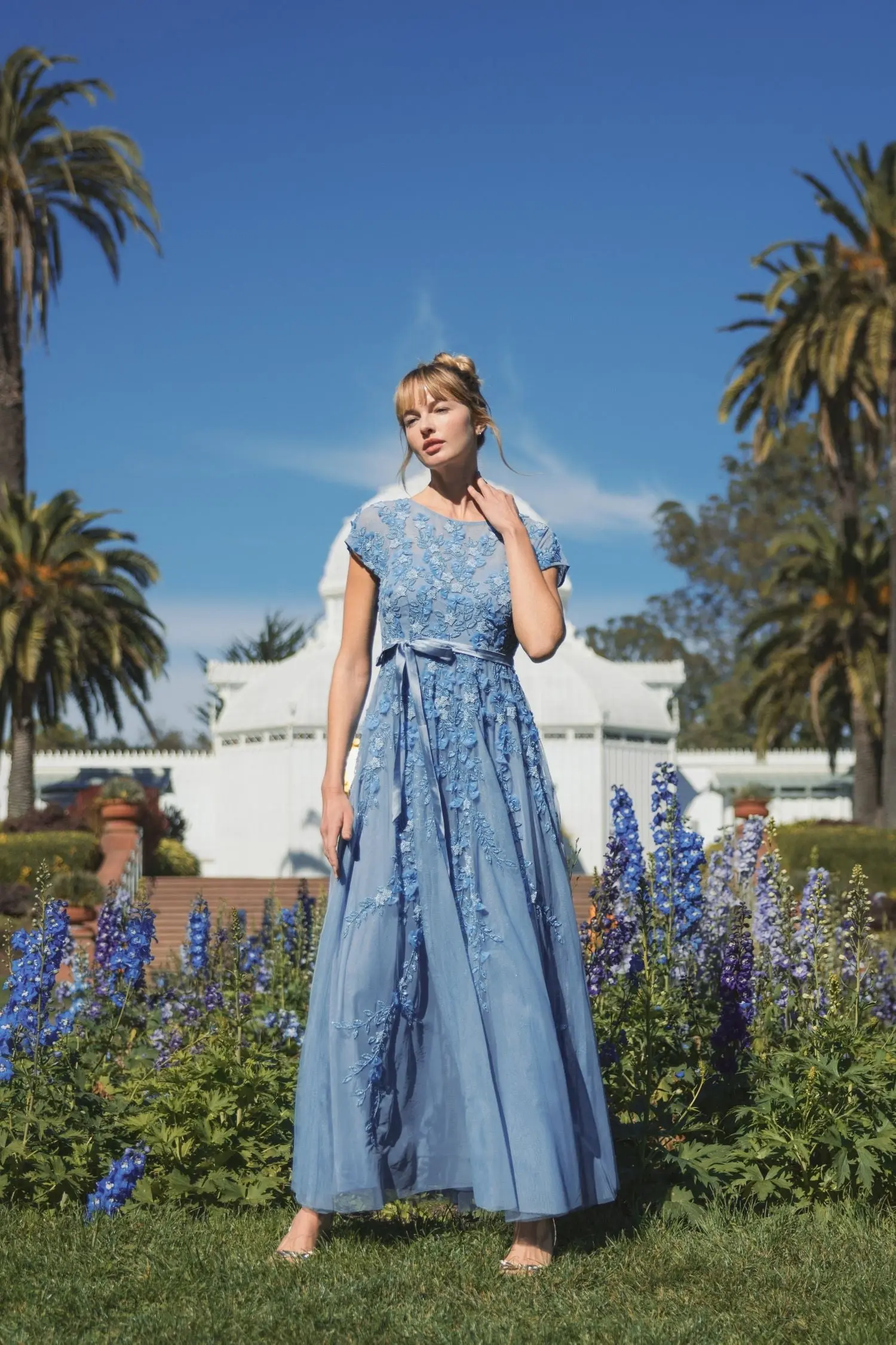 Blue Floral Embellished Cap Sleeve Gown - Image 4