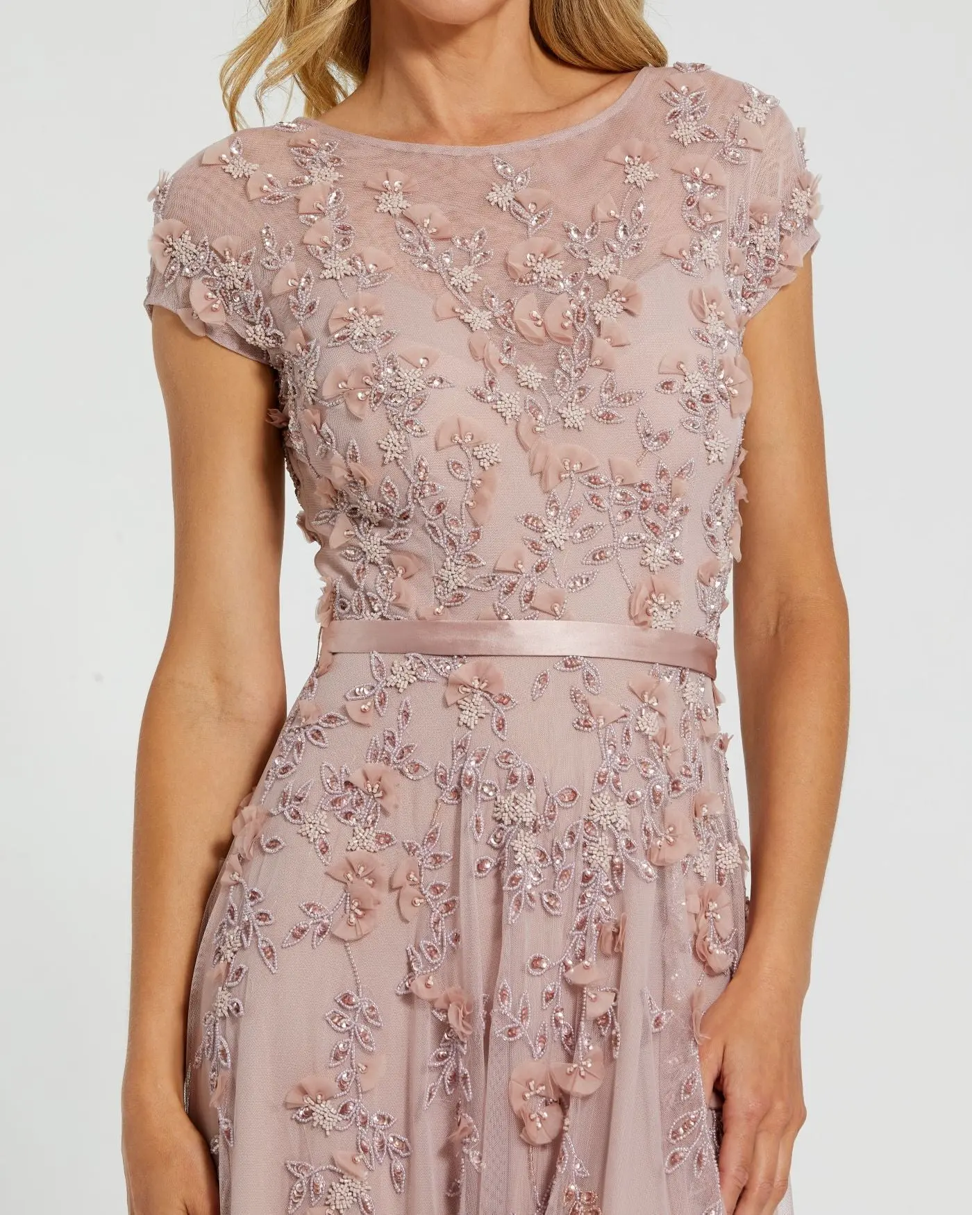 Pink Floral Embellished Cap Sleeve Gown - Image 2