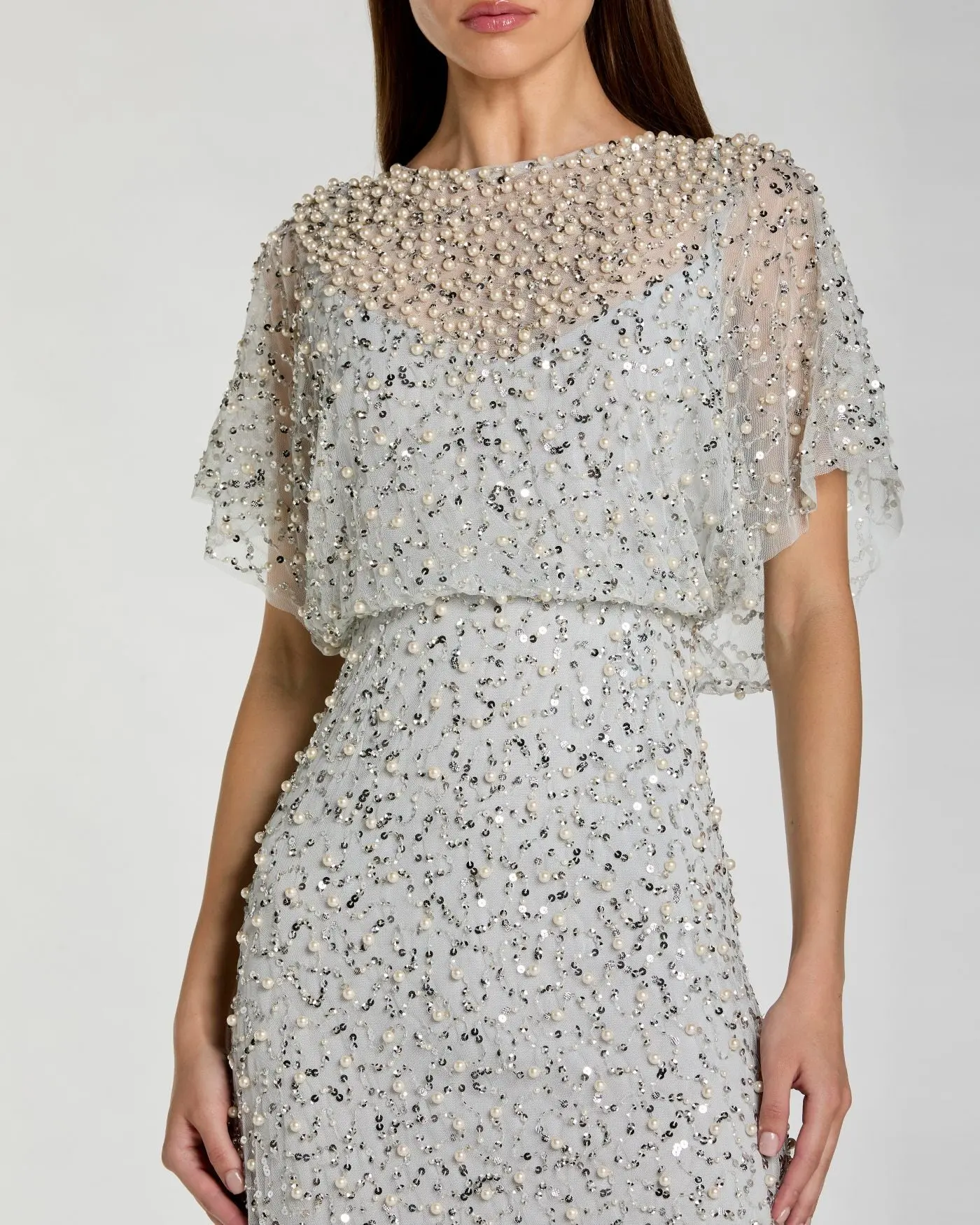 Blue High Neck Short Sleeve Embellished Gown - Image 2