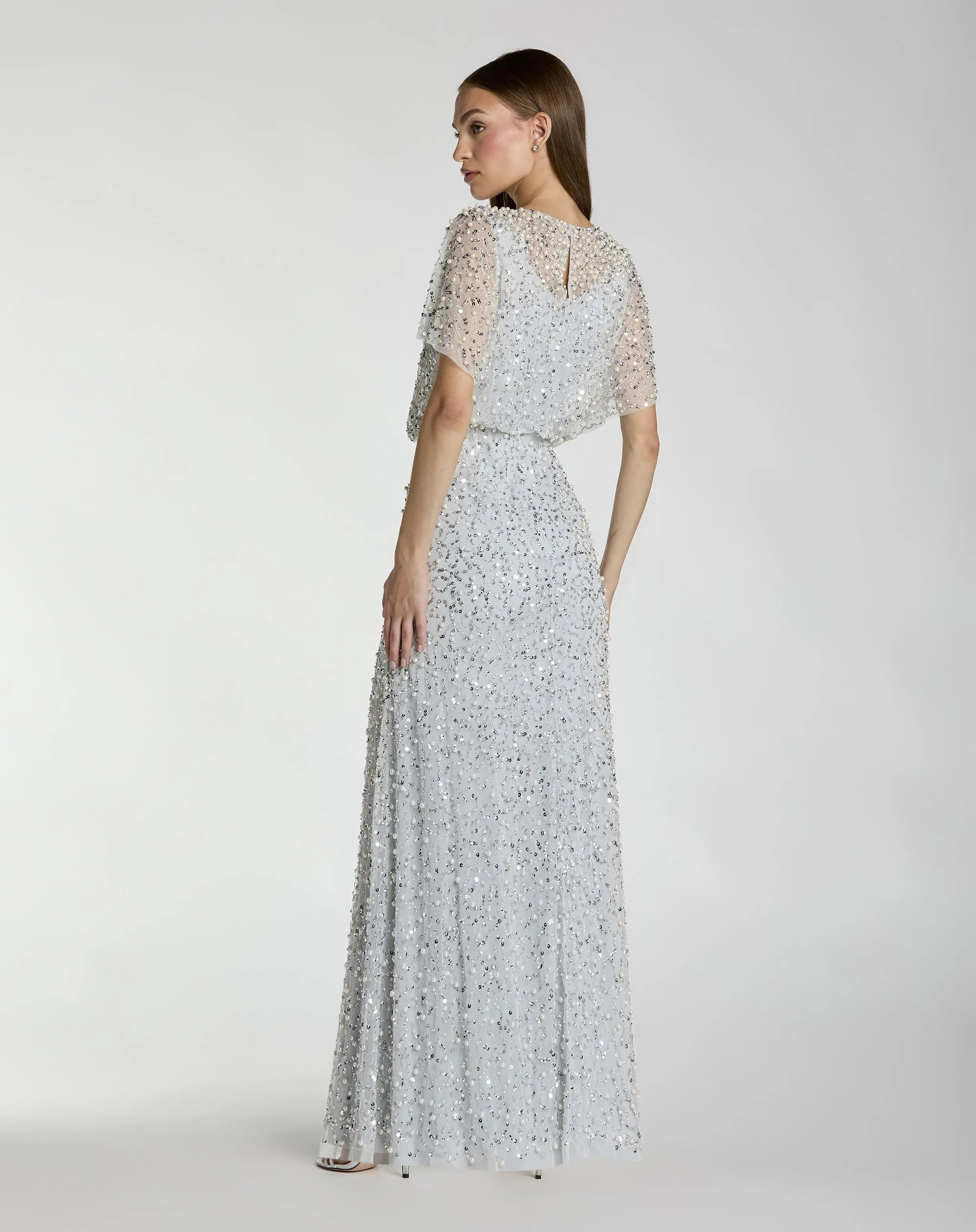 Blue High Neck Short Sleeve Embellished Gown - Image 3