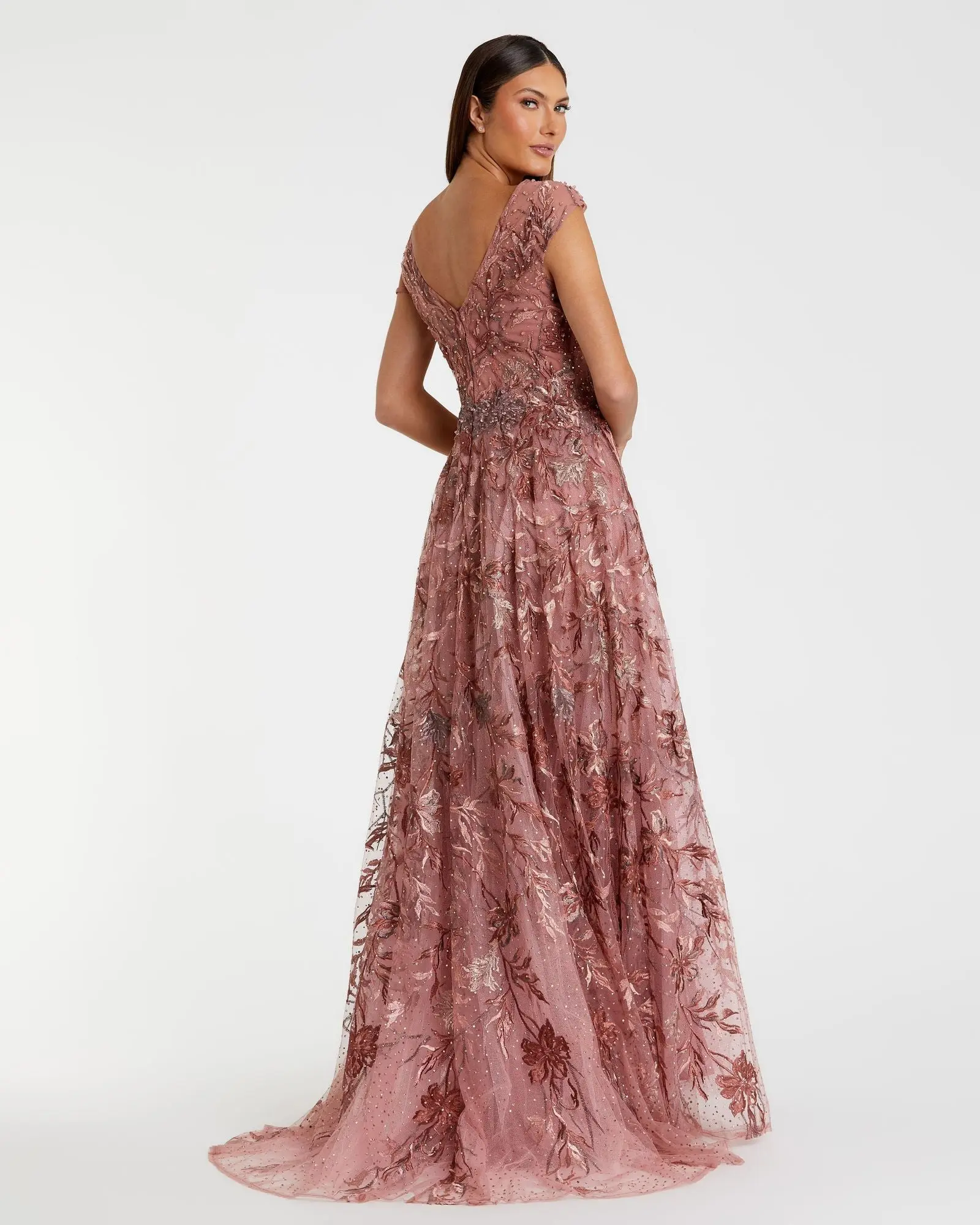 Pink Embroidered Illusion Cap Sleeve A Line Gown - Image 3