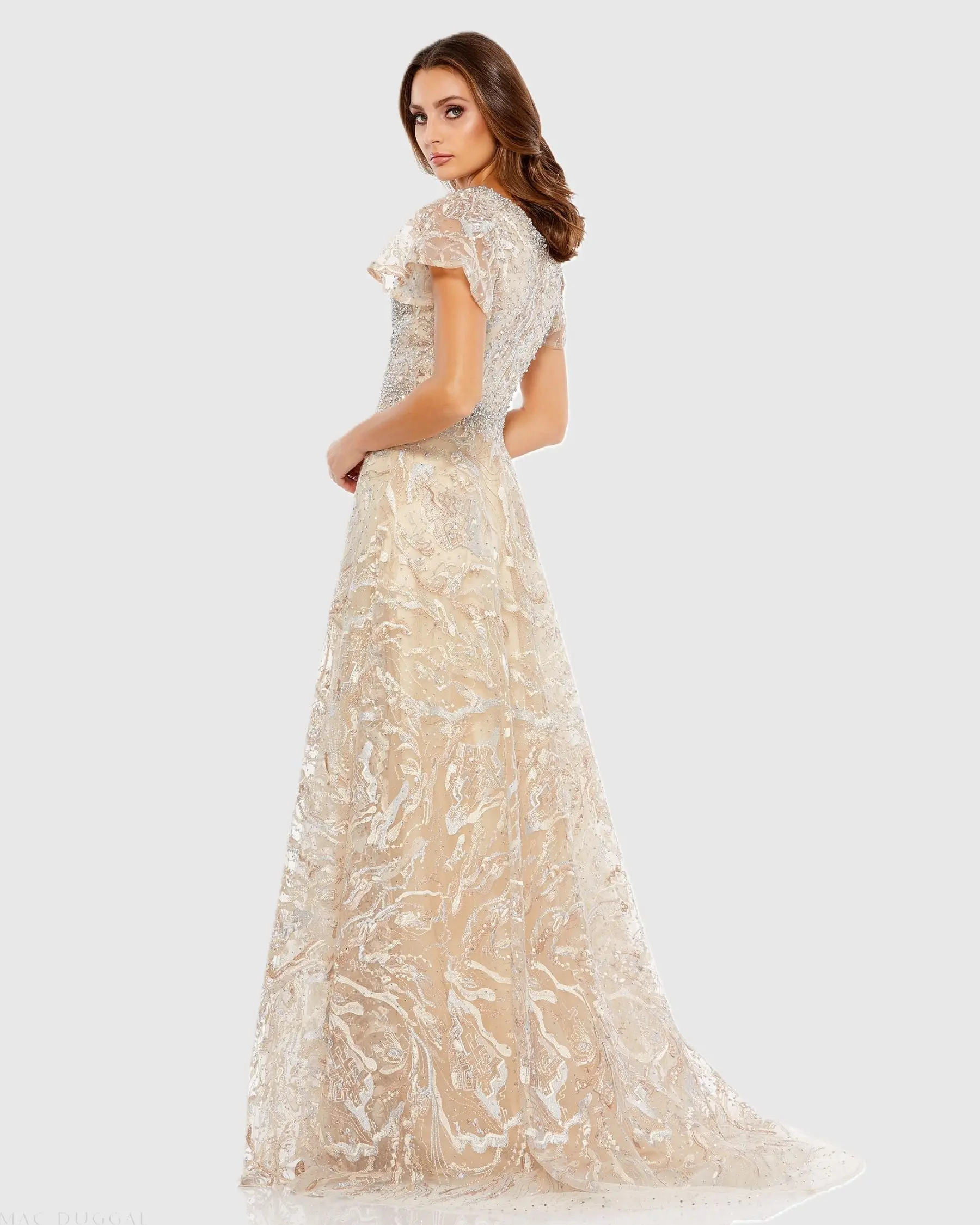 Beige Embellished Illusion Butterfly Sleeve A-Line Gown - Image 3
