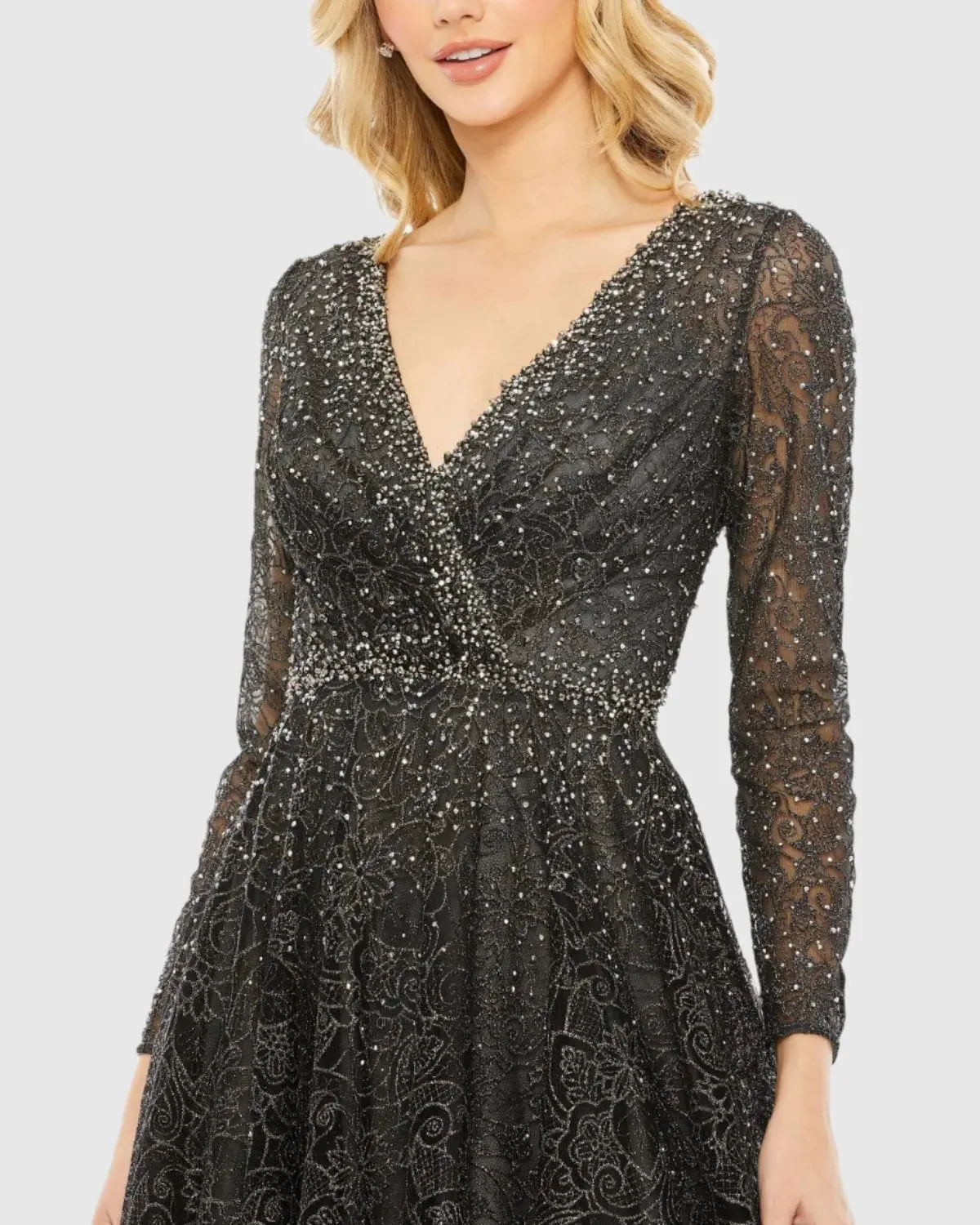 Gray Embellished Illusion Long Sleeve V Neck Gown - Image 2