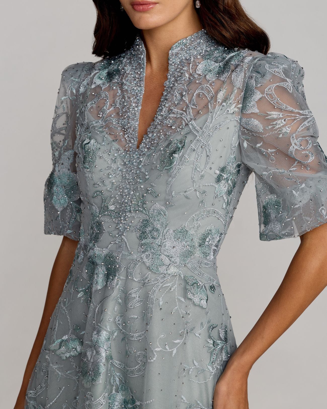 Blue Queen Anne Puff Sleeve Embroidered A-Line Gown - Image 2