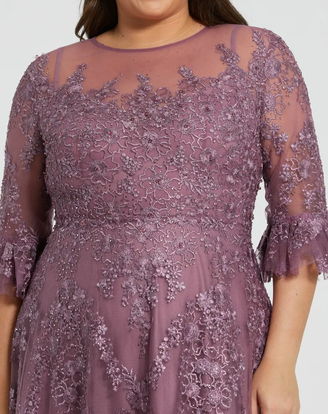 Purple High Neck Flutter Sleeve Embroidered A Line Gown (Plus) - Image 2