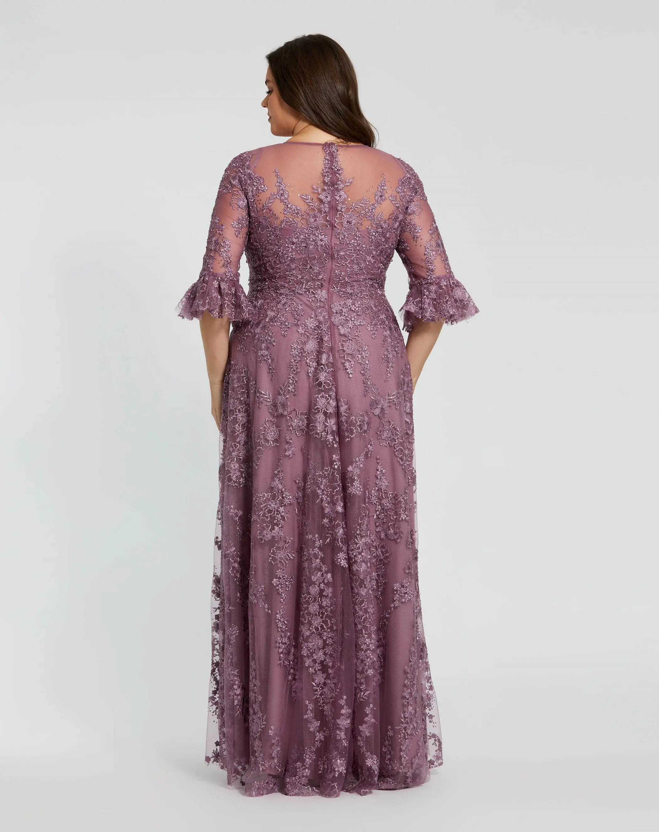 Purple High Neck Flutter Sleeve Embroidered A Line Gown (Plus) - Image 3