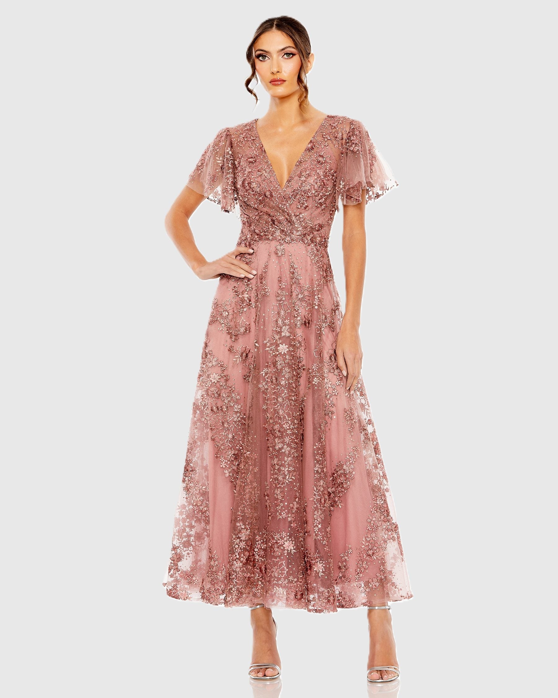 Pink Embroidered Flutter Sleeve A Line Dress - Image 2
