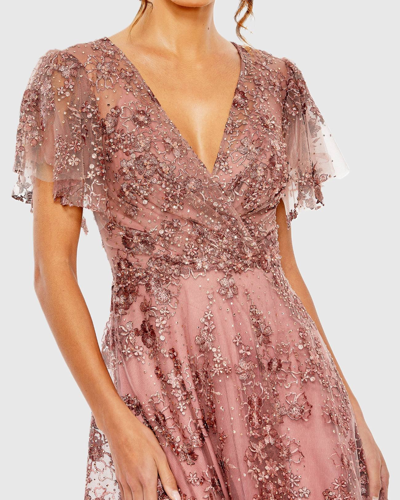 Pink Embroidered Flutter Sleeve A Line Dress - Image 3
