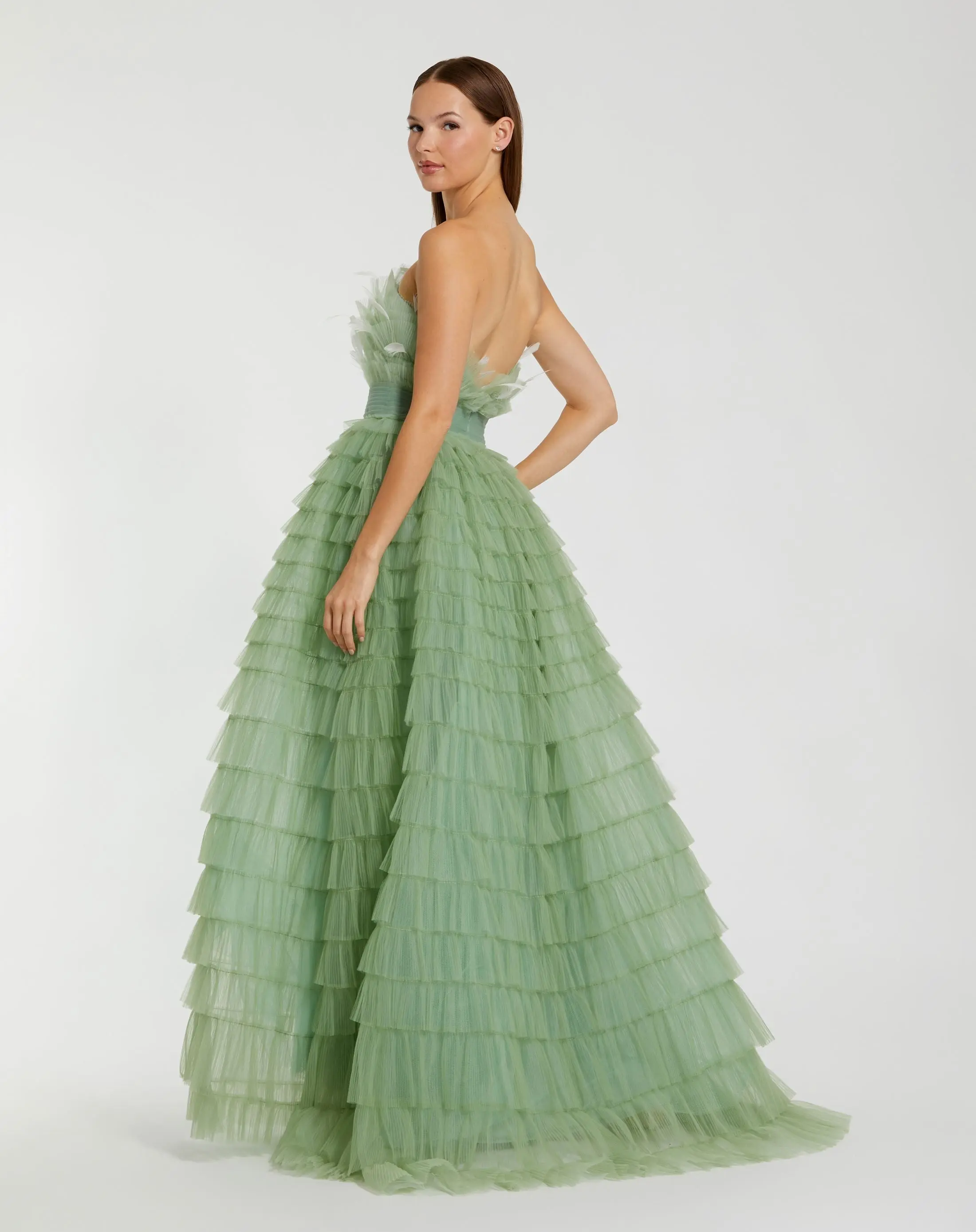 Green Strapless Ruffle Gown with Feathers - Image 3