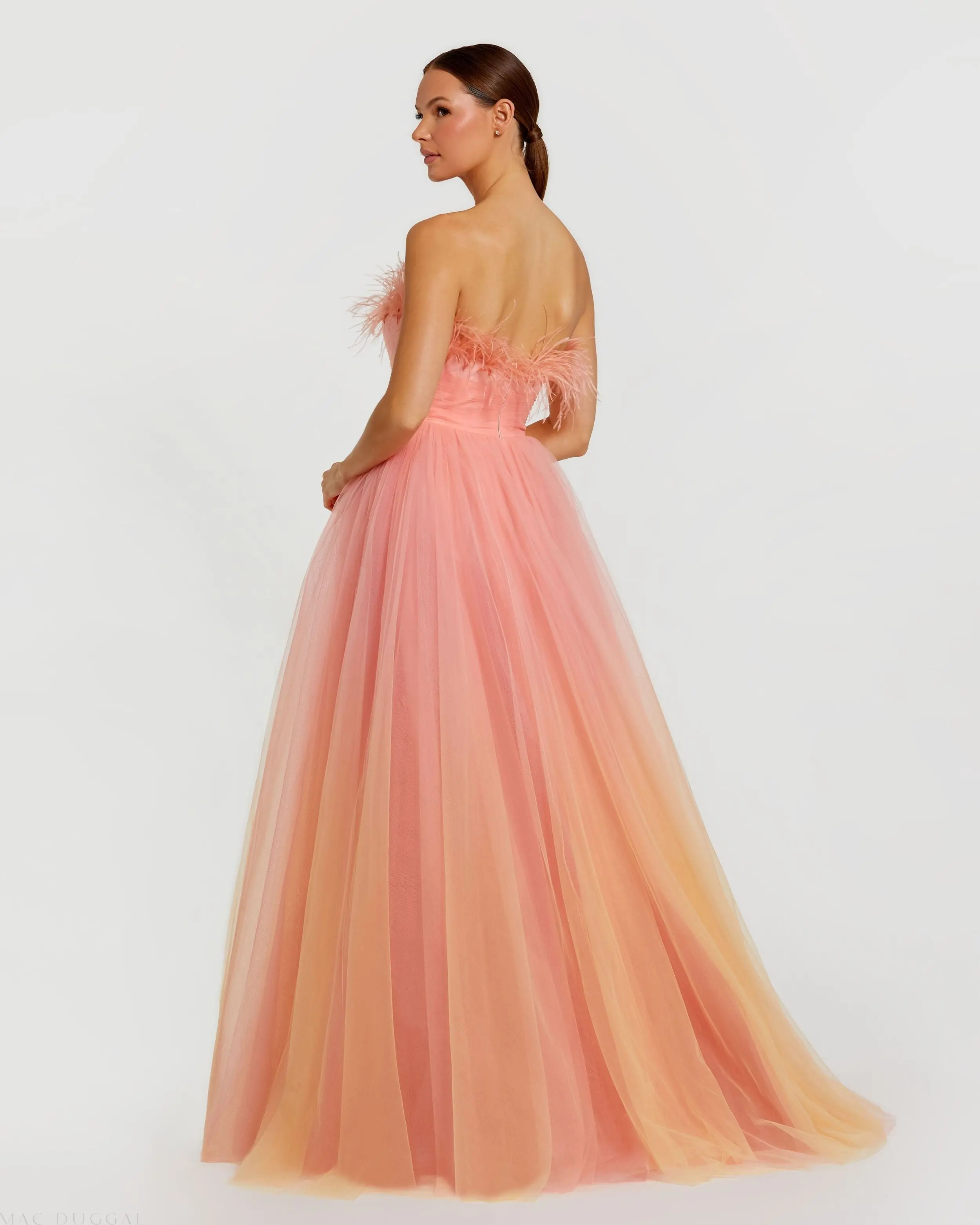 Orange and Pink Ombre Strapless Feather Bodice Tulle Gown - Image 3