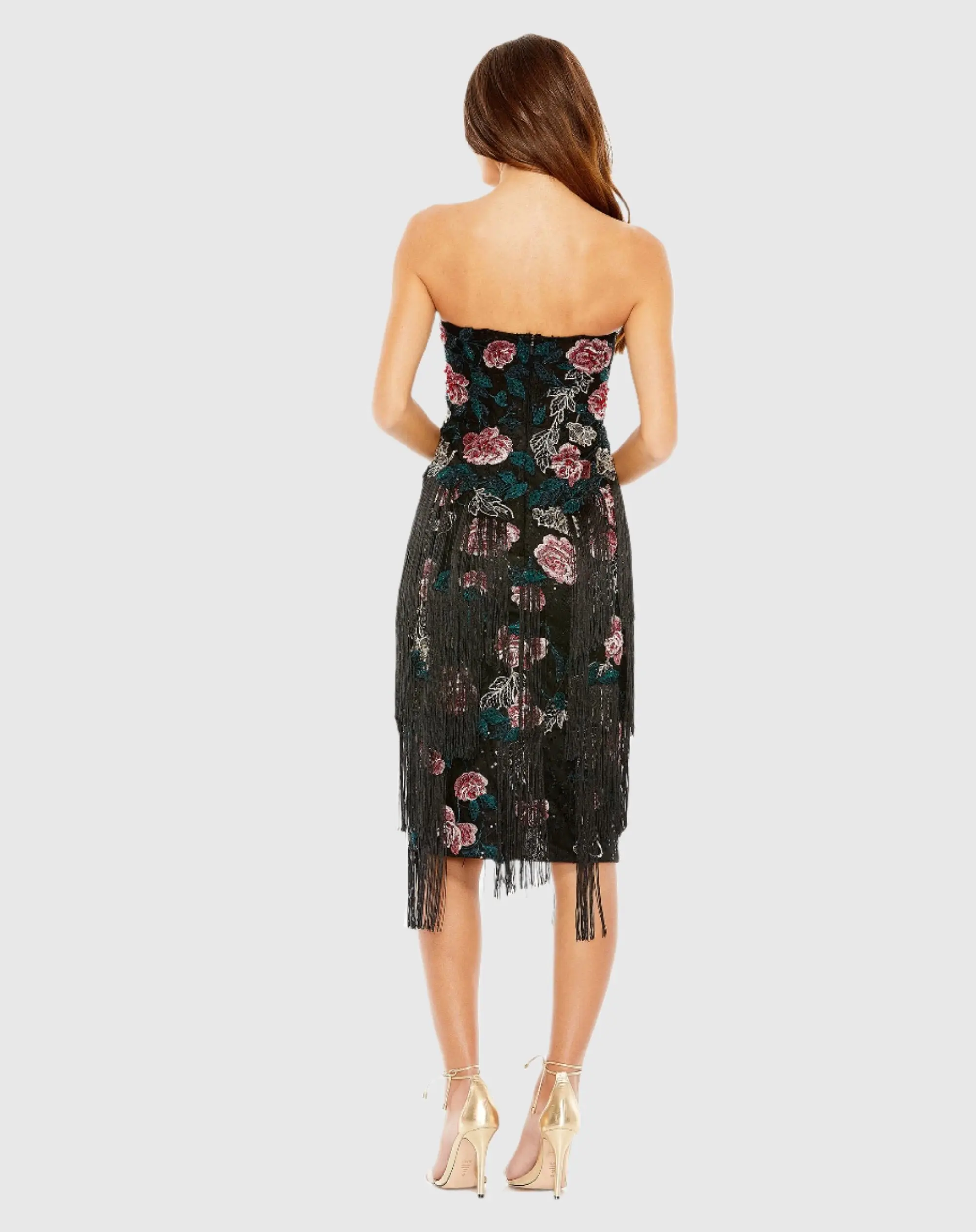 Black Strapless Floral Embroidered Midi Dress With Fringe Detailing - Image 3