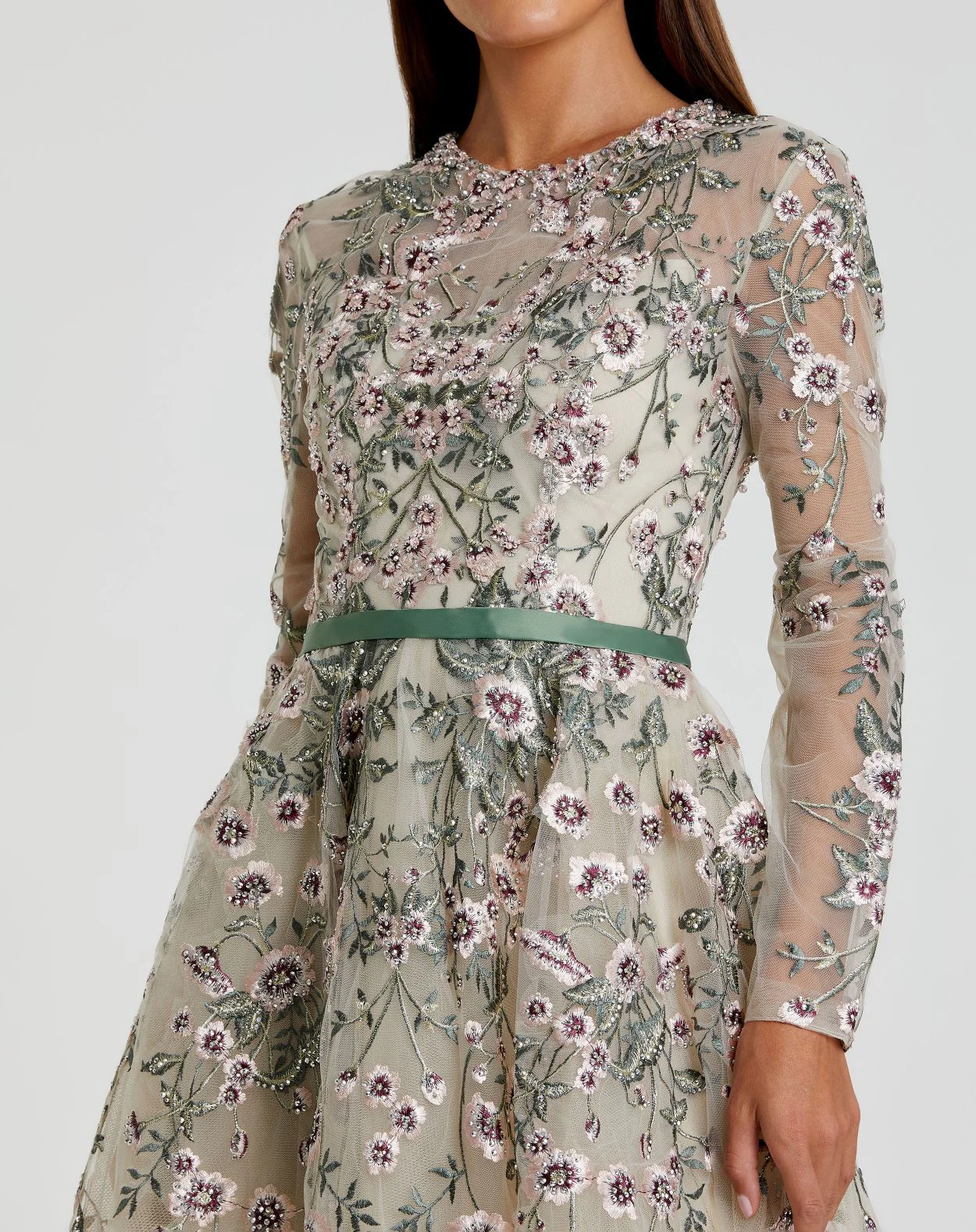Ivory Long Sleeve Floral Embellished A-Line Gown - Image 2