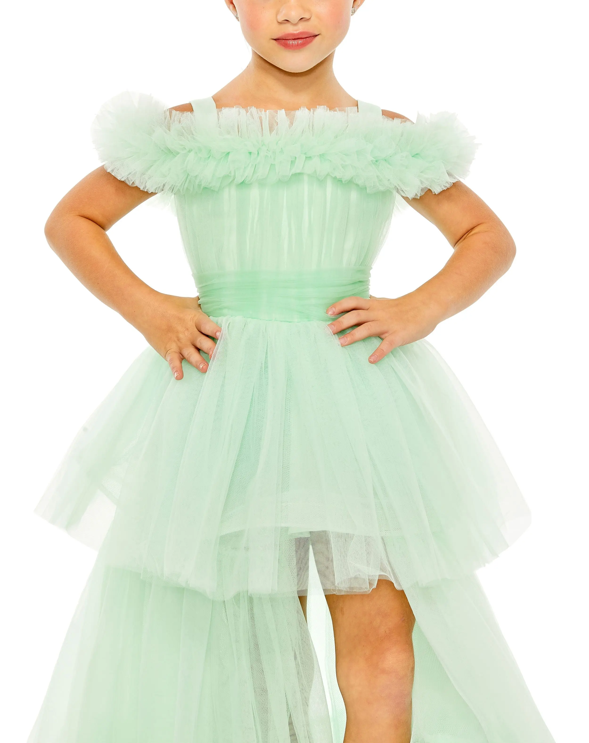 Green Girls Off the Shoulder High Low Tulle Dress - Image 2