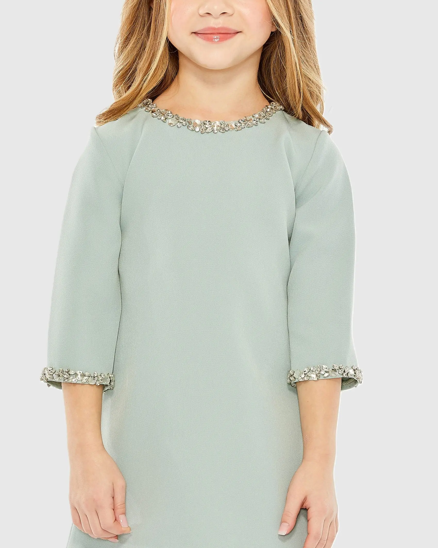 Girls Green Rhinestone Beaded A-Line Mini Dress - Image 2