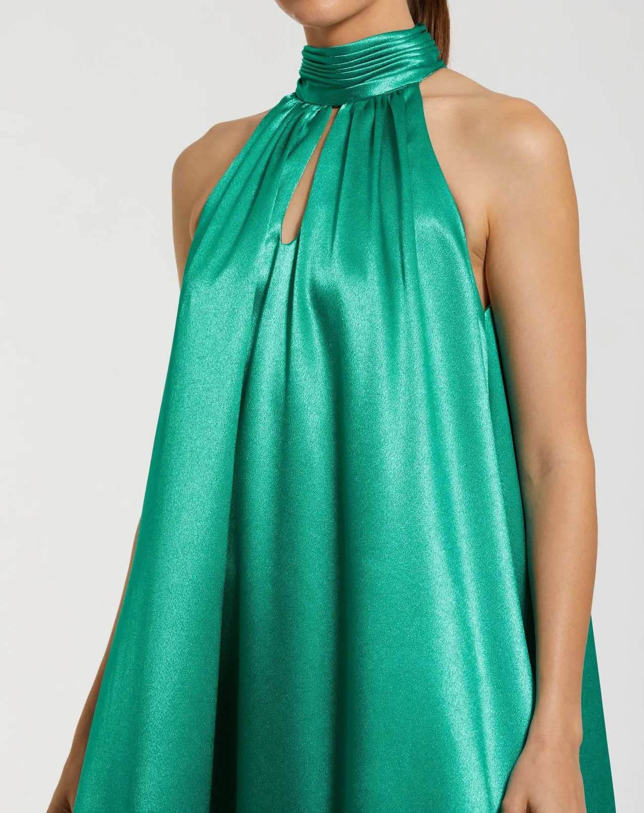 Green Sleeveless Halter Neck Keyhole Satin High Low Gown - Image 2