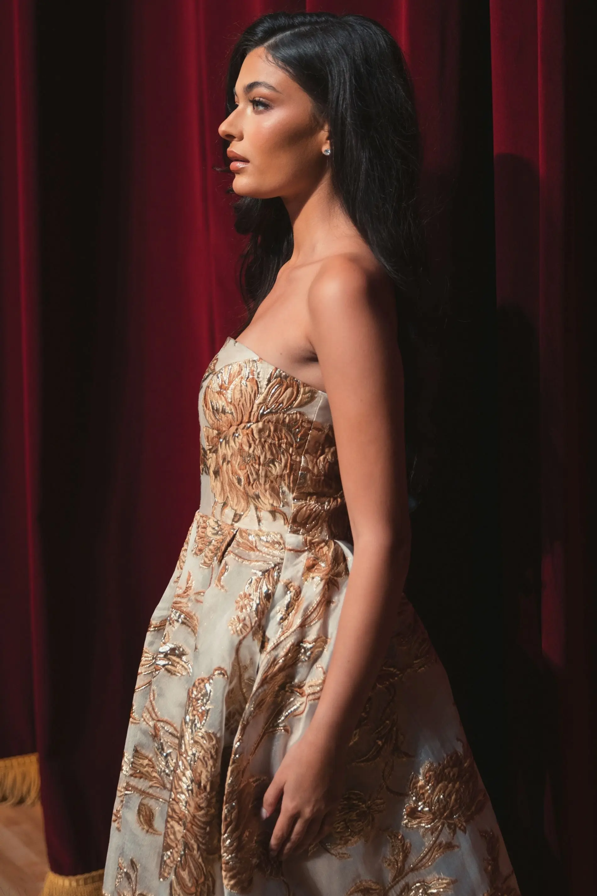 Gold Strapless Brocade Midi Dress with Pockets - Image 5