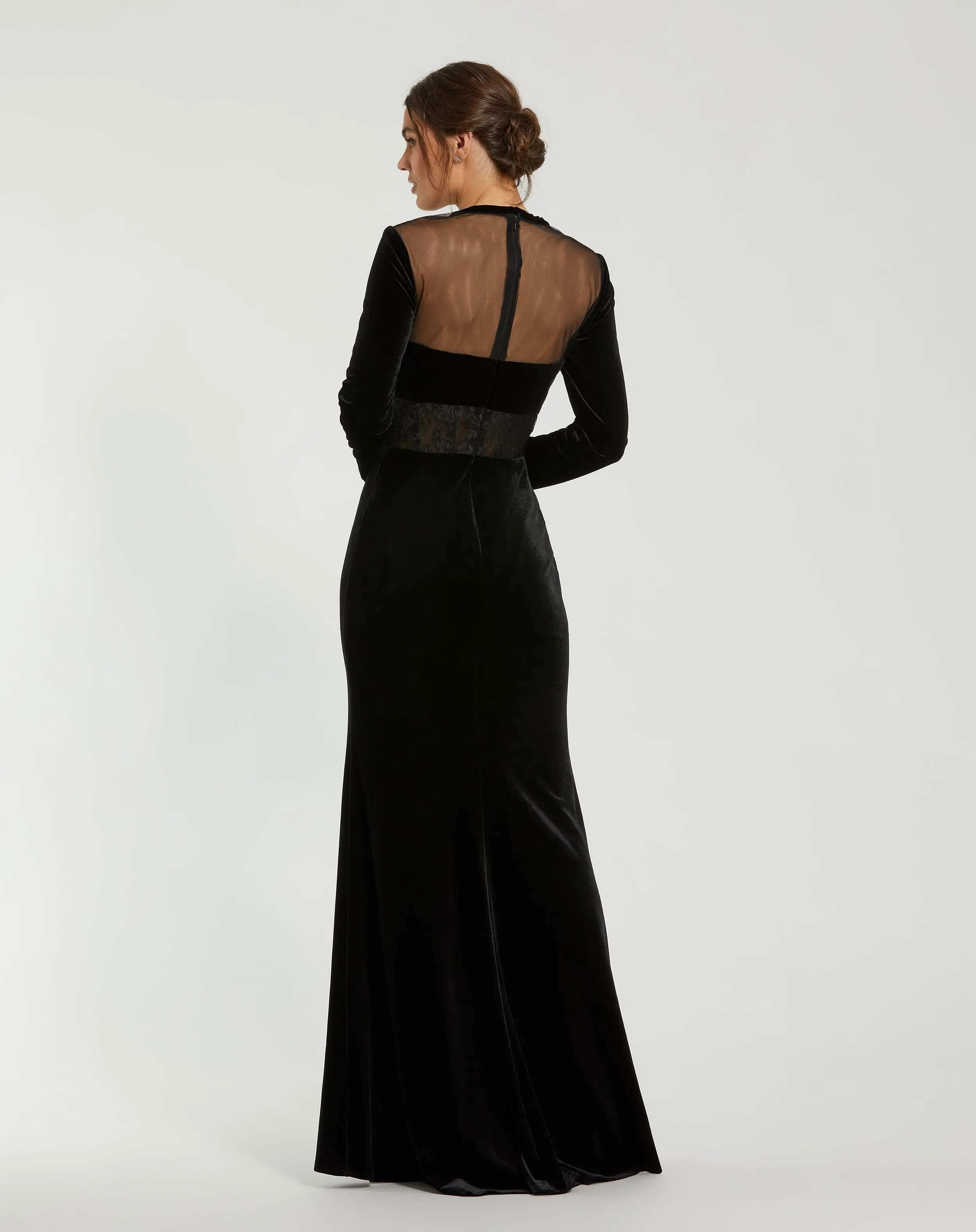 Black Long Sleeve Sheer Top Lace Bustier Velvet Gown - Image 3
