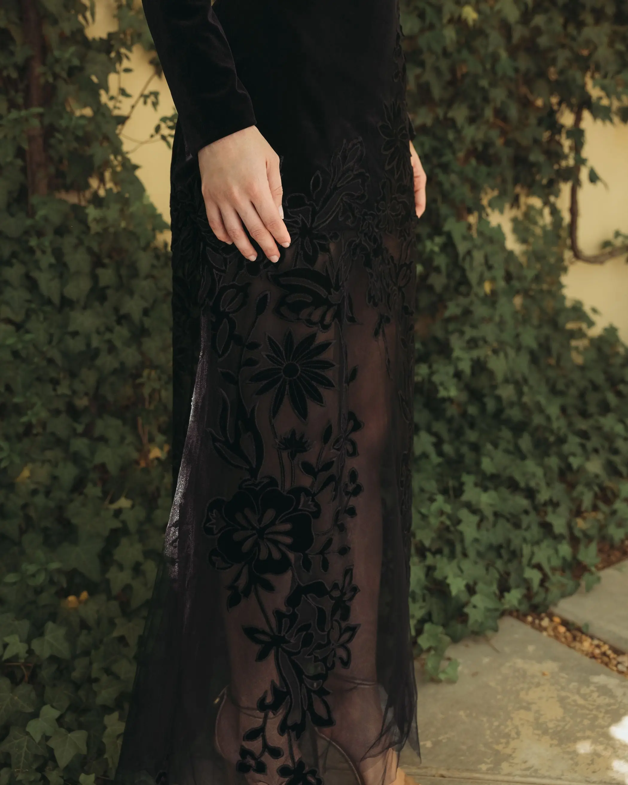 Black Long Sleeve Sheer Floral Embroidered Velvet Gown - Image 5