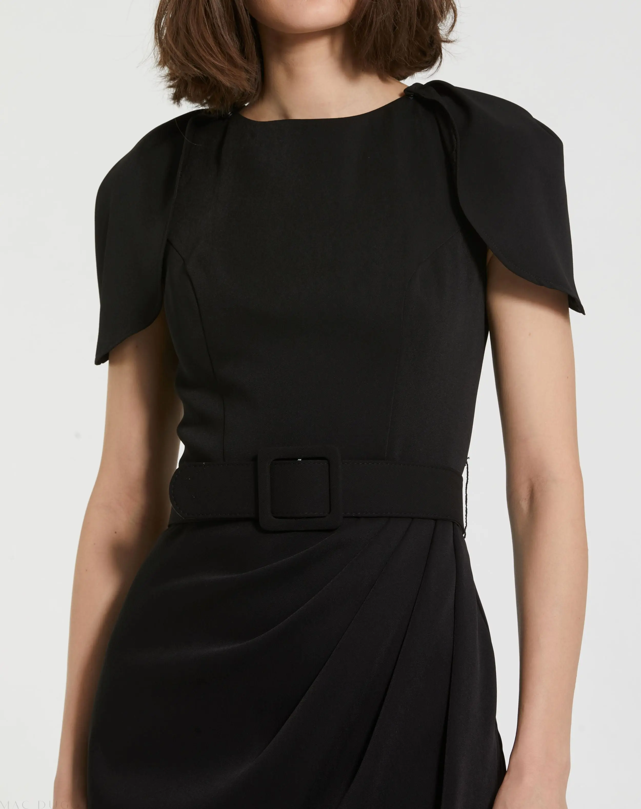 Black Crepe Boat Neck Midi Tulip Dress With Belt - Image 3
