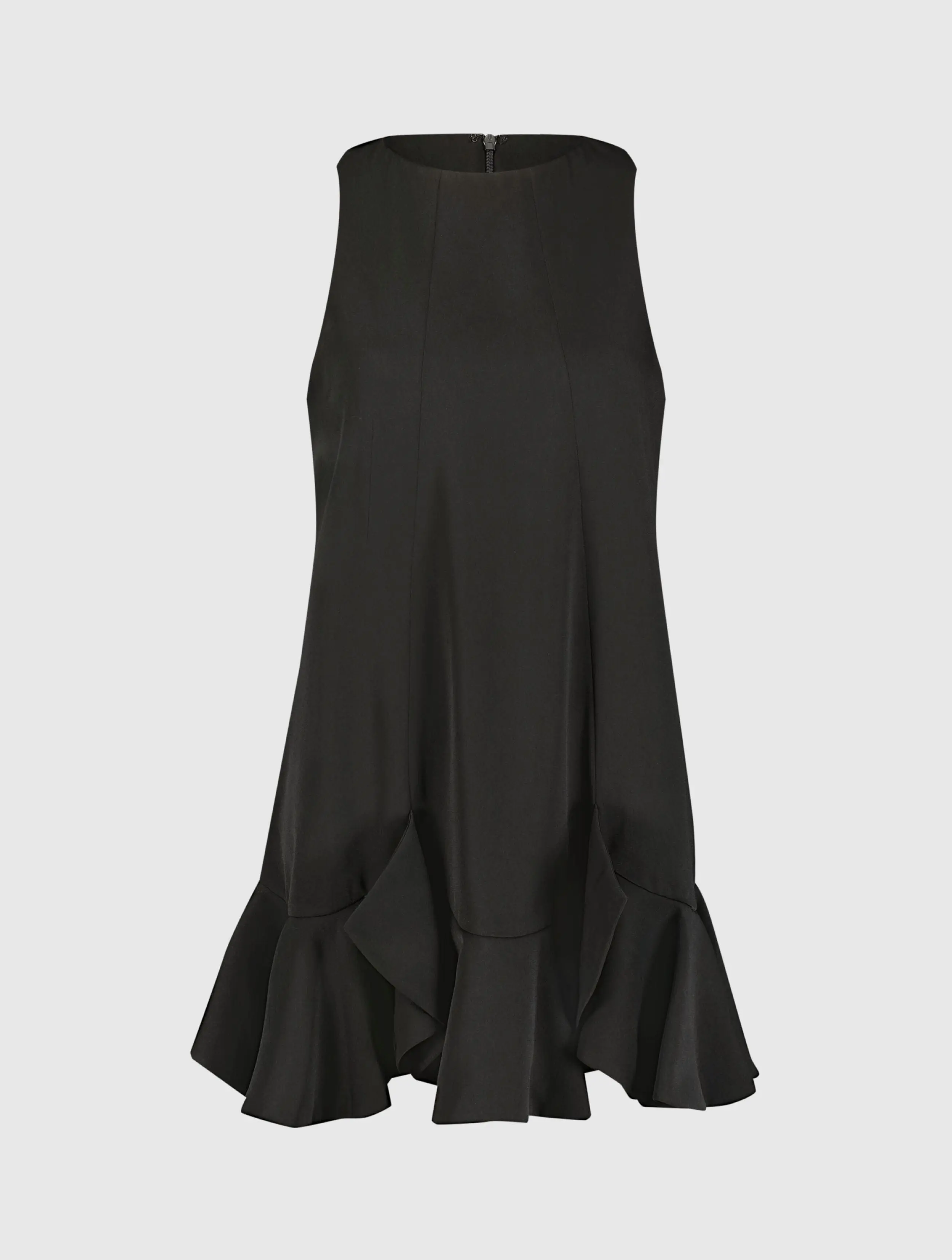 The Mia Black High Neck Sleeveless Crepe Mini Dress With Ruffle Hem - Image 2