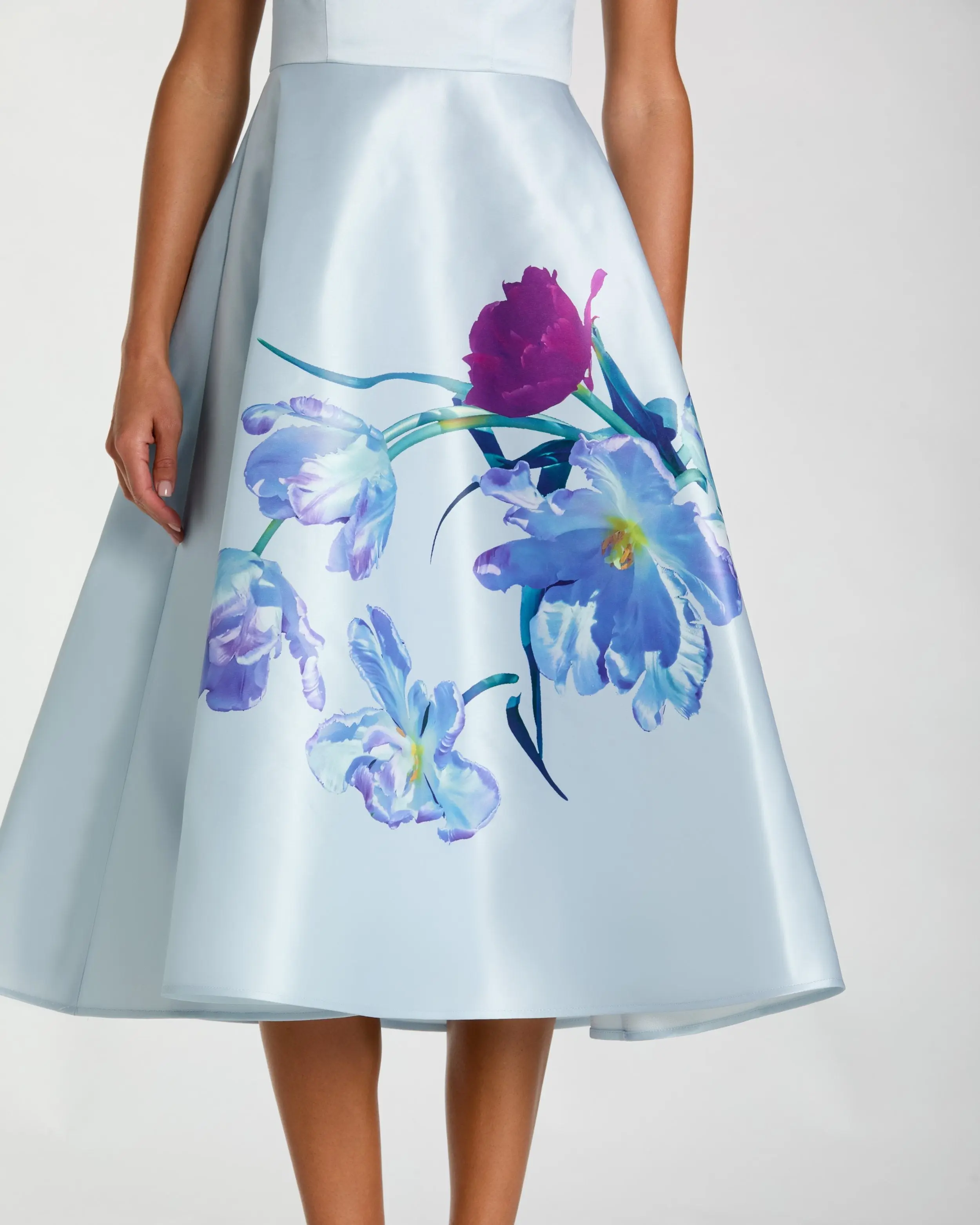 Blue Satin Cap Sleeve Midi Dress With Floral Print - Image 2