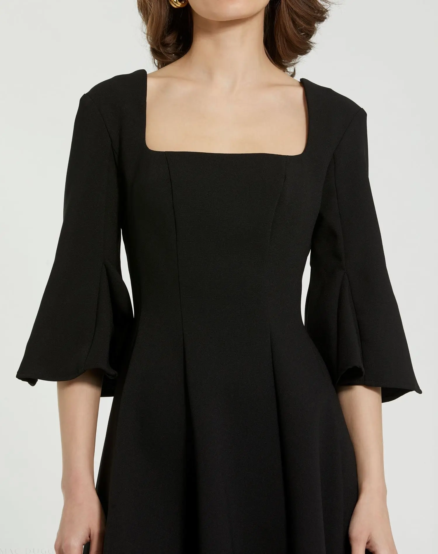 Black Crepe Square Neck 3/4 Sleeve Godet Mini Dress - FINAL SALE - Image 3
