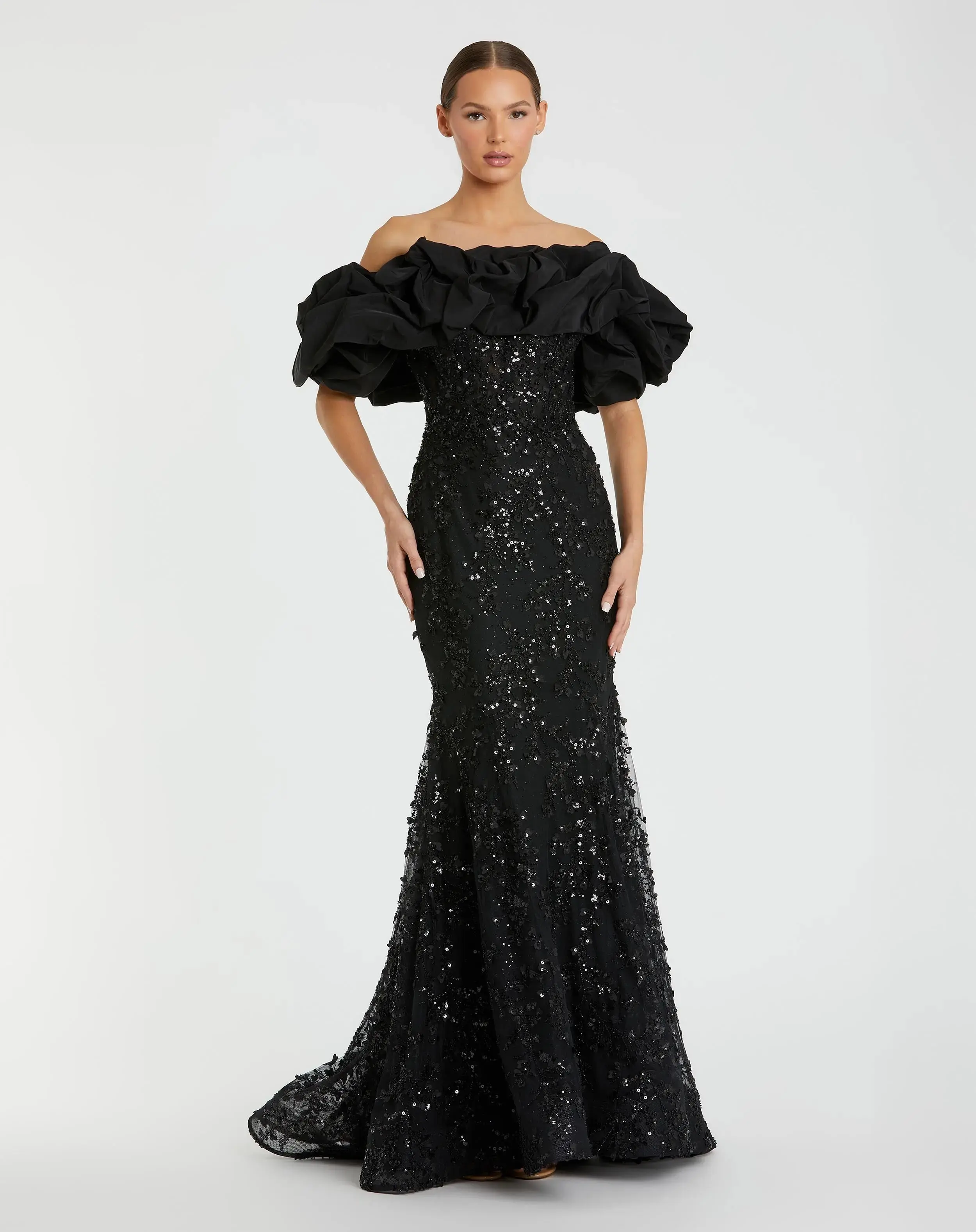 Black Embellished Mermaid Gown With Off The Shoulder Ruffle - Image 4
