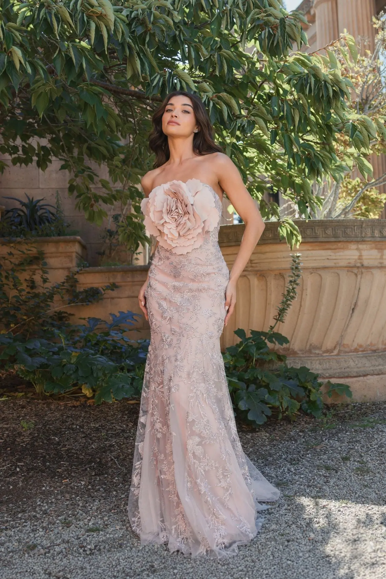 Pink Strapless Lace Embellished Trumpet Gown With 3D Flower - Image 4