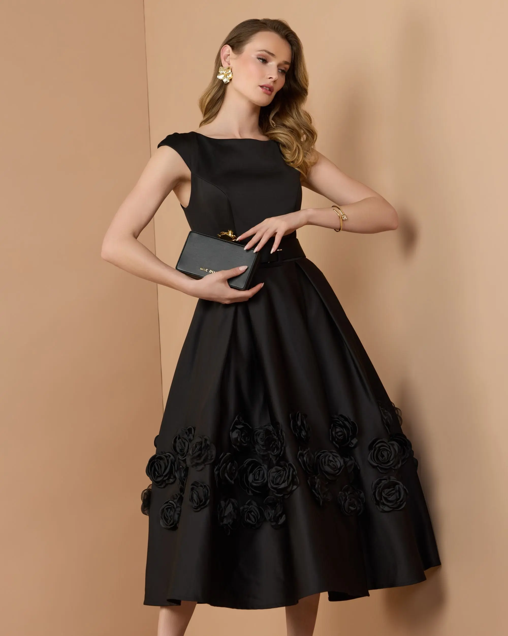 Black Satin Cap Sleeve Midi Dress With 3D Flowers - Image 2