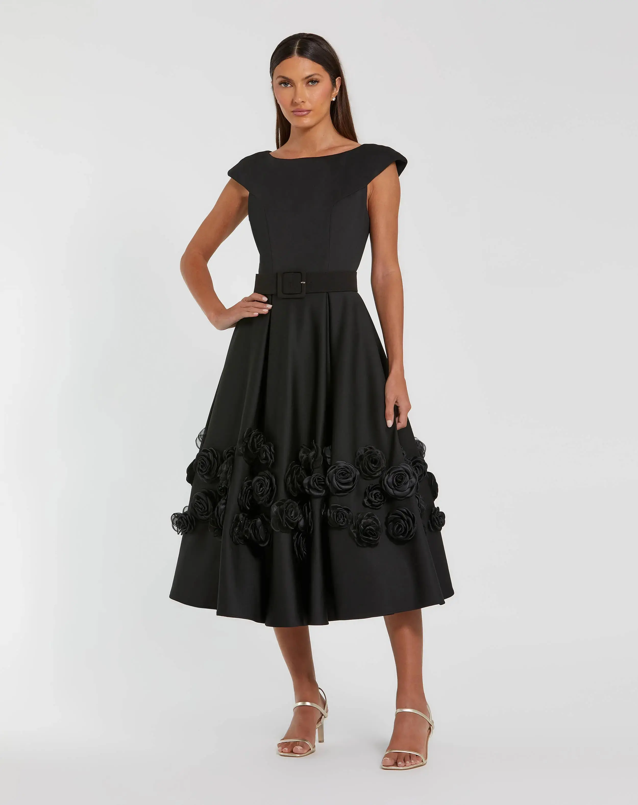 Black Satin Cap Sleeve Midi Dress With 3D Flowers - Image 4