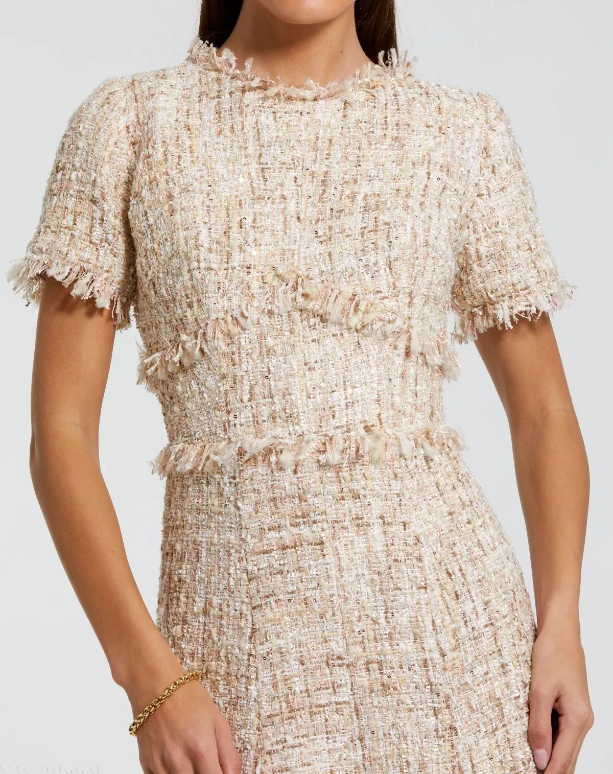 Beige Boucle Short Sleeve A Line Midi Dress - Image 3