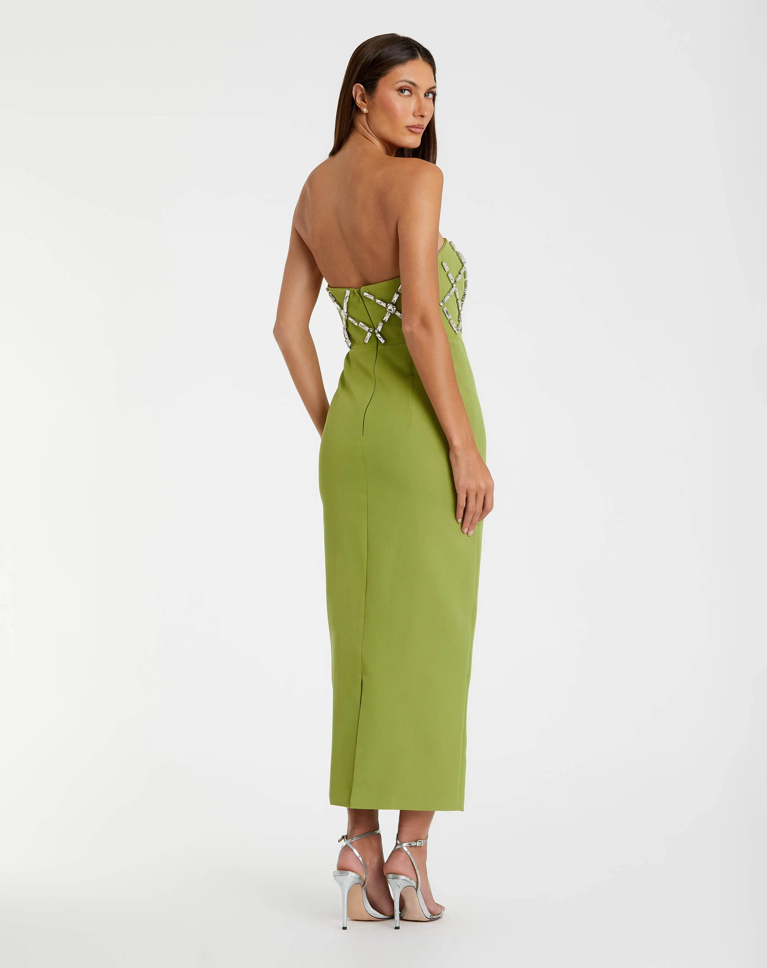 Green Strapless Crystal Embellished Midi Dress - Image 3