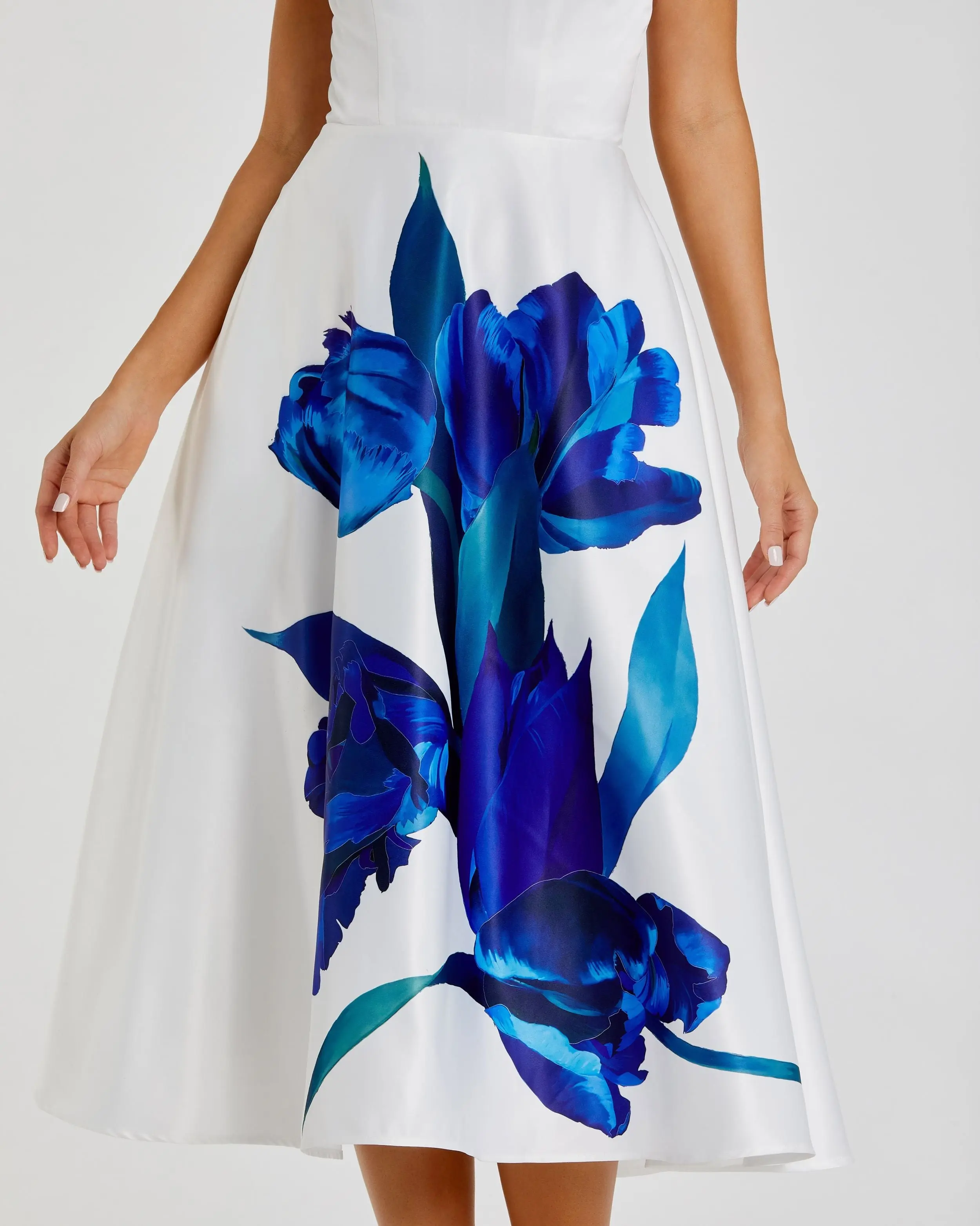 White Strapless Satin Midi Dress With Flower Print - Image 2
