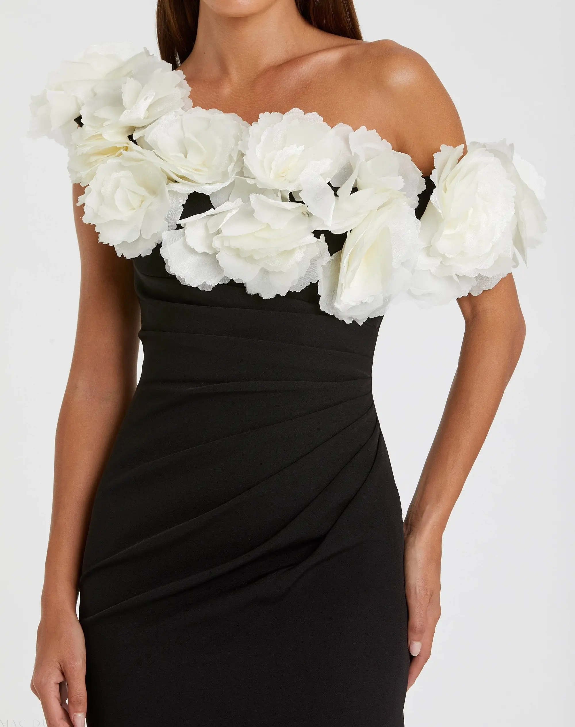 Black and White Jersey Gown With 3D Flower Off The Shoulder Detail - Image 2