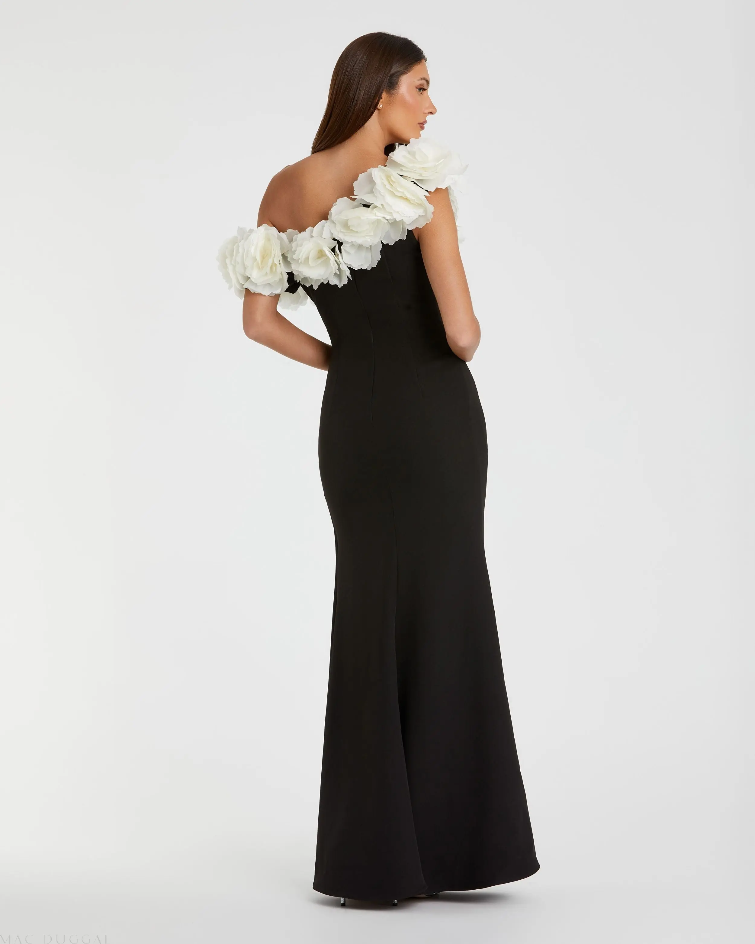 Black and White Jersey Gown With 3D Flower Off The Shoulder Detail - Image 3