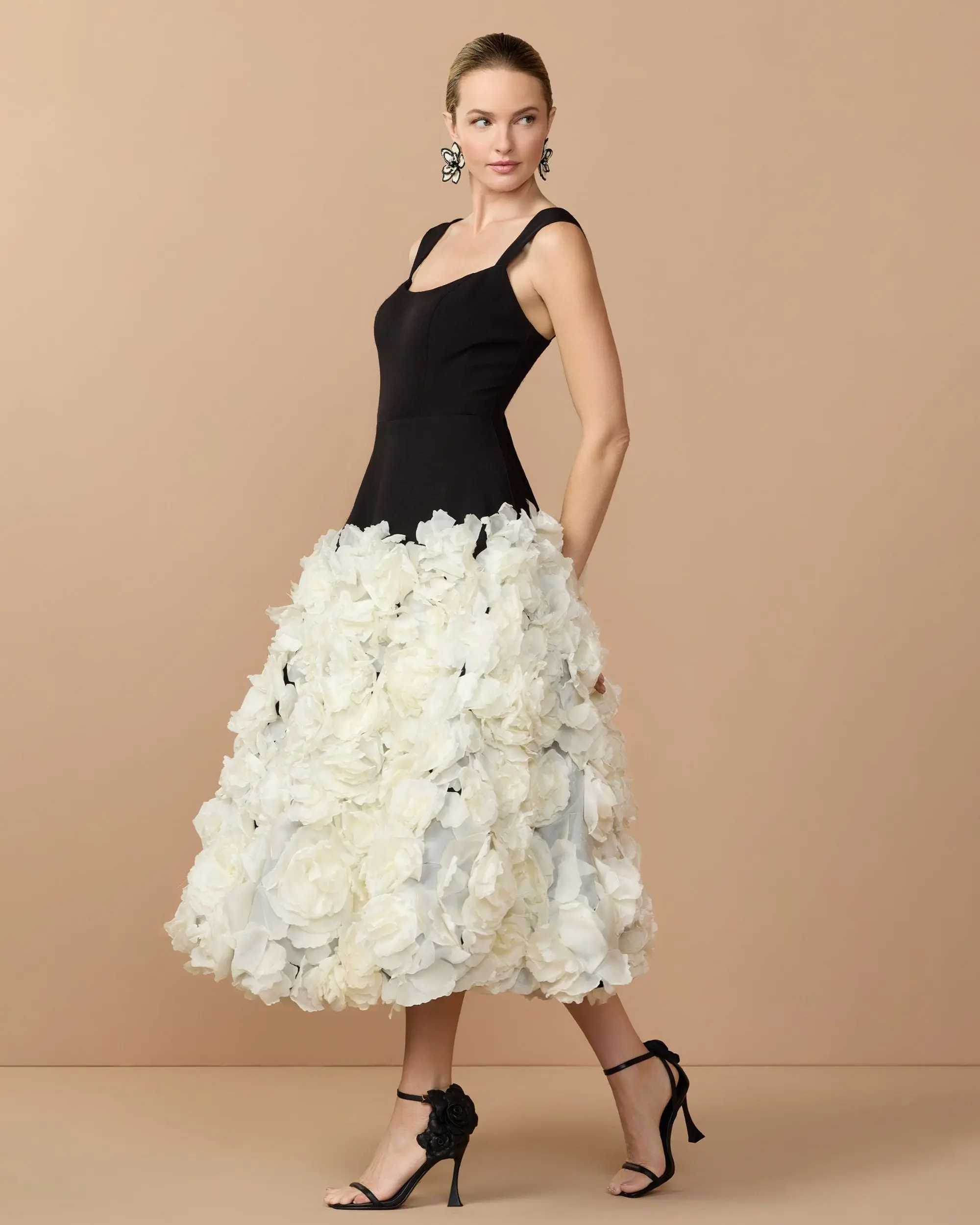 Black Sleeveless A-Line Midi Dress With 3D Floral Skirt - Image 3