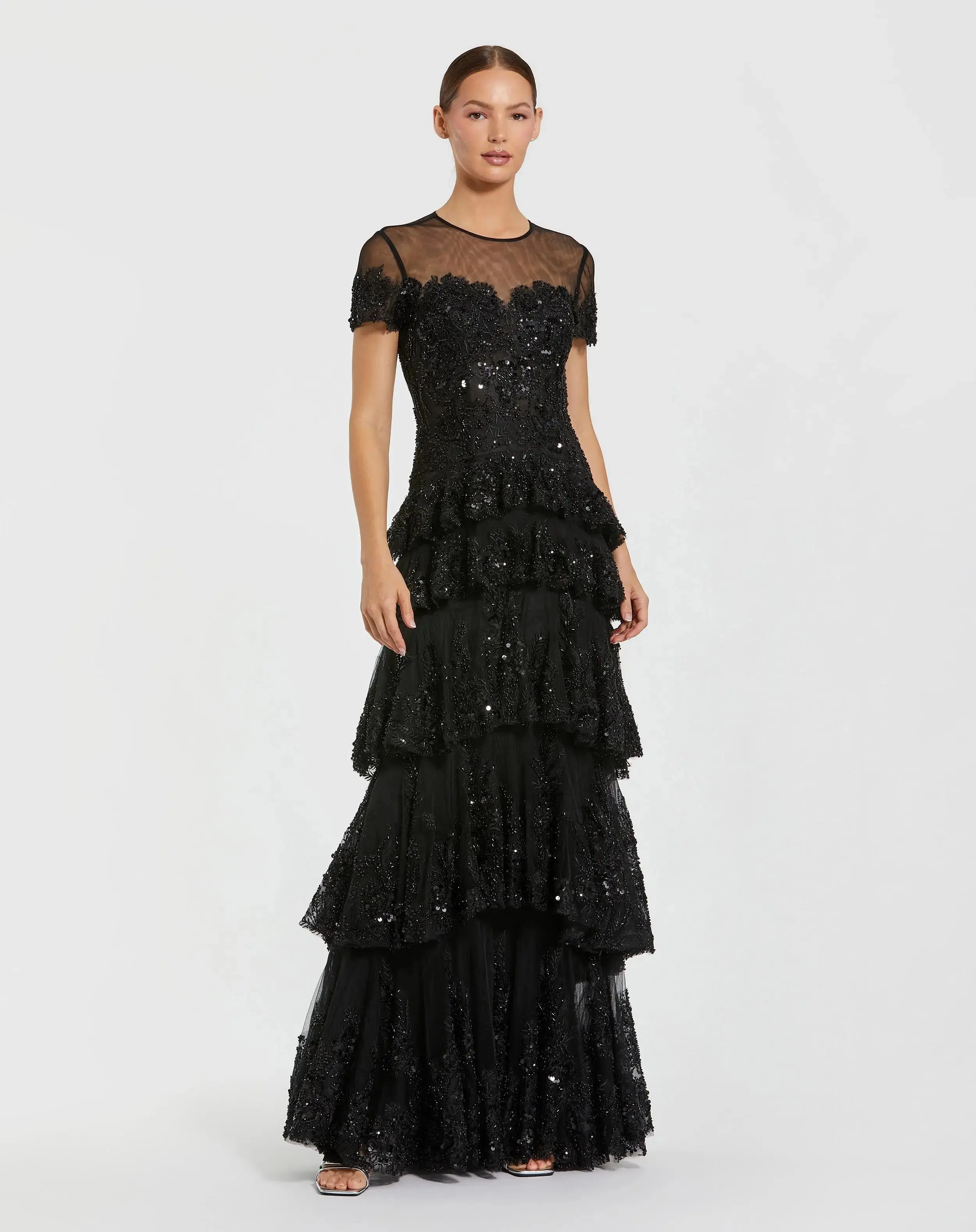 Black Embellished High Neck Gown With Tiered Ruffle Skirt - Image 4