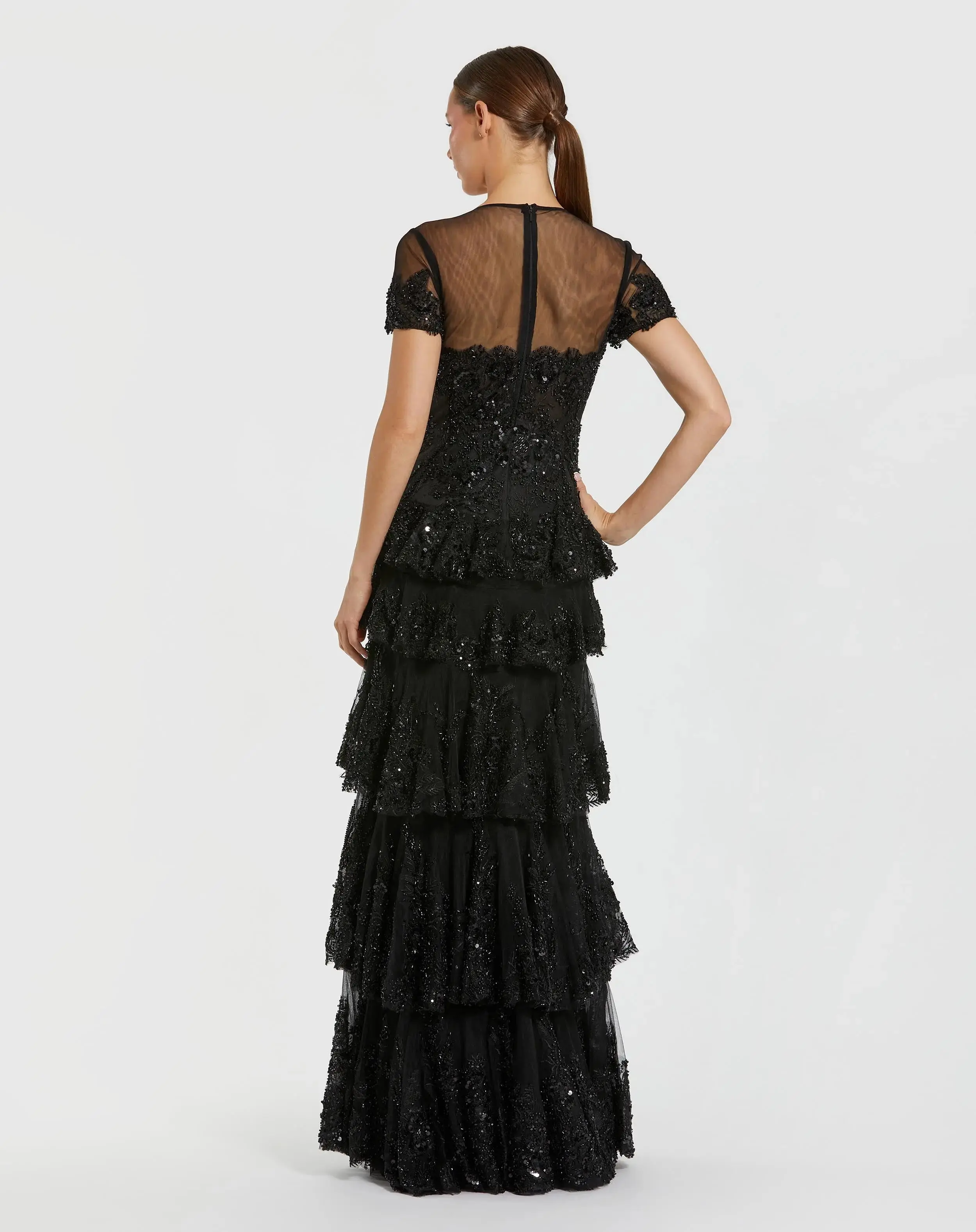 Black Embellished High Neck Gown With Tiered Ruffle Skirt - Image 6