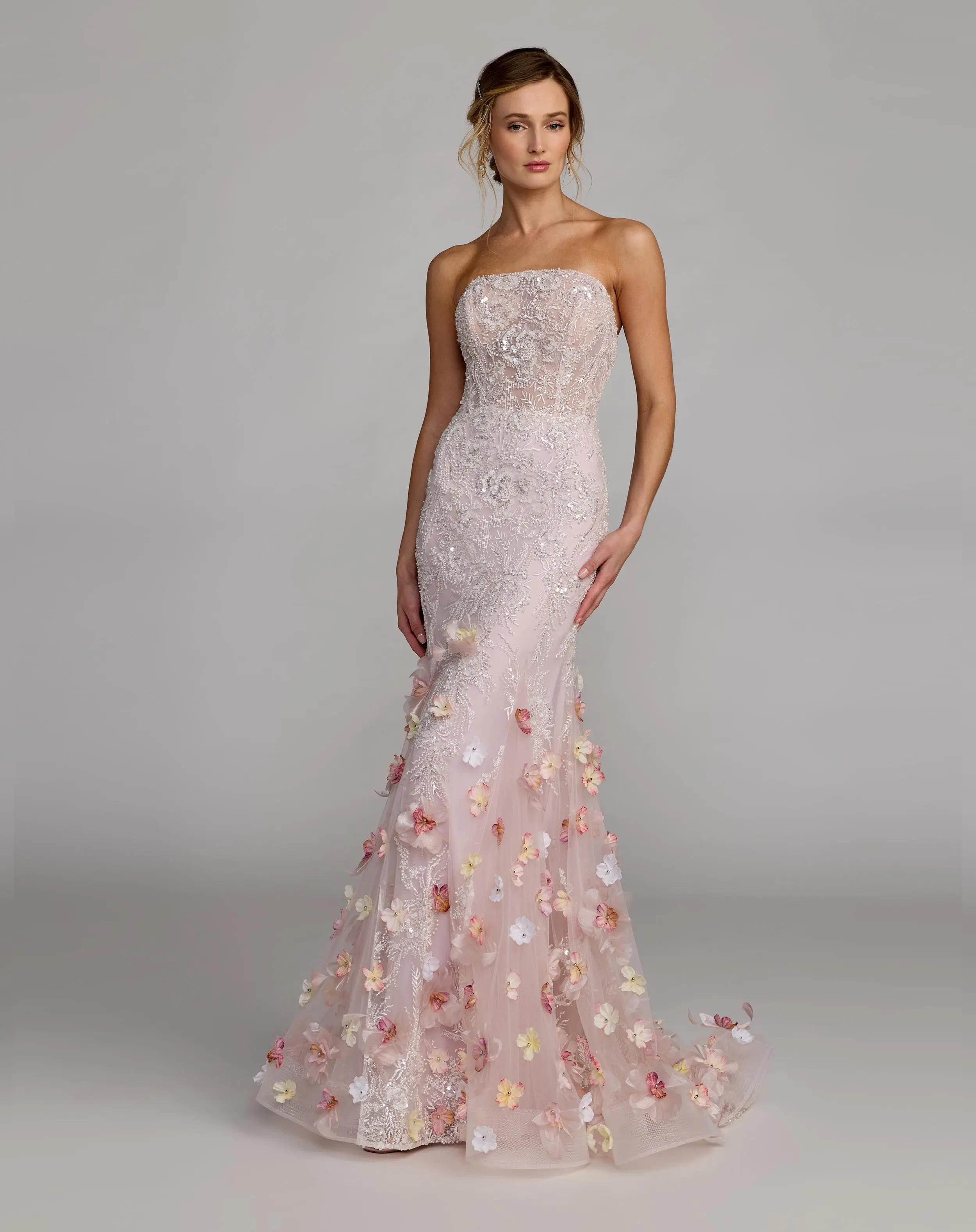 Pink Strapless Embellished Mermaid Gown With 3D Floral Hem - Image 4