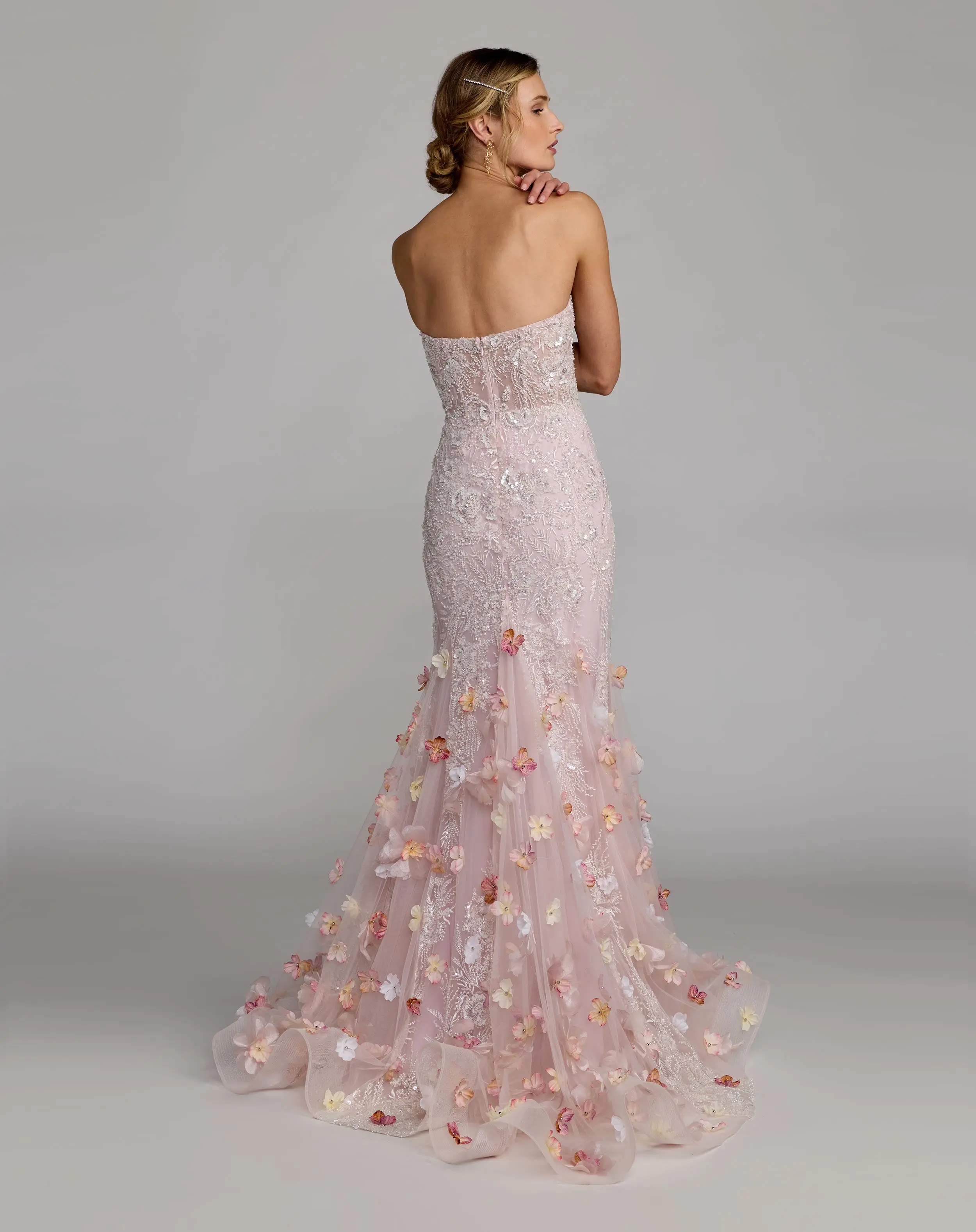 Pink Strapless Embellished Mermaid Gown With 3D Floral Hem - Image 8